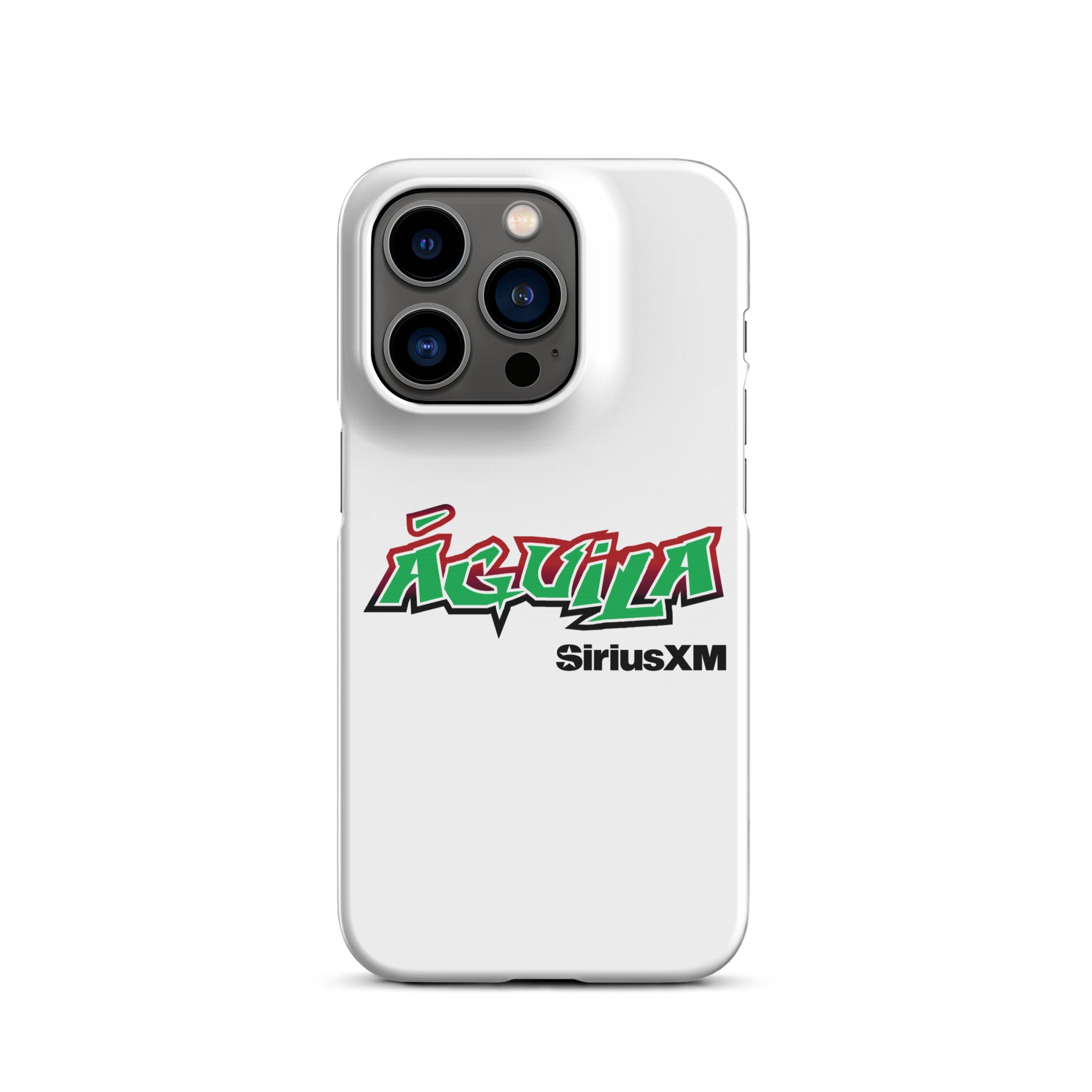 White phone case featuring the word 'Águila' in bold green and red letters, and 'SiriusXM' in black.