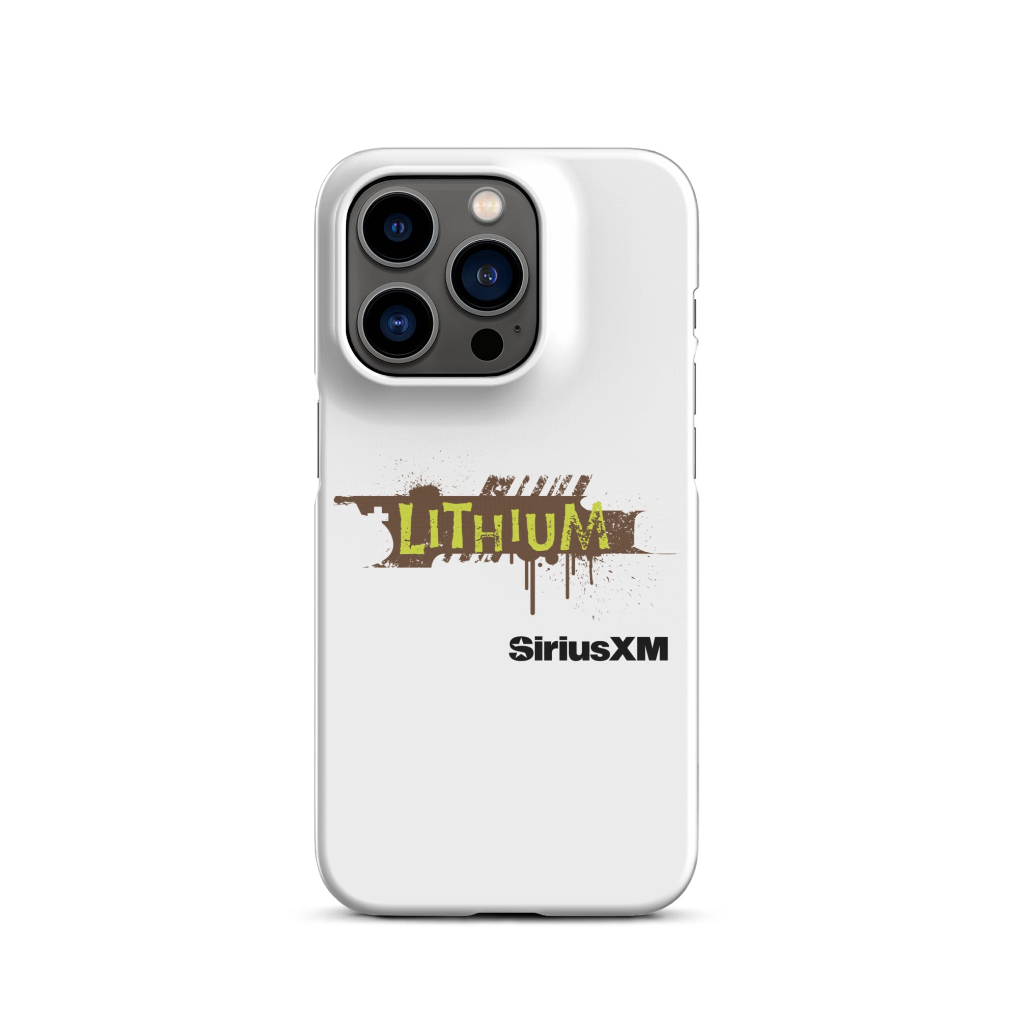 A white phone case featuring the 'LITHIUM' logo in green and brown, with 'SiriusXM' below it.