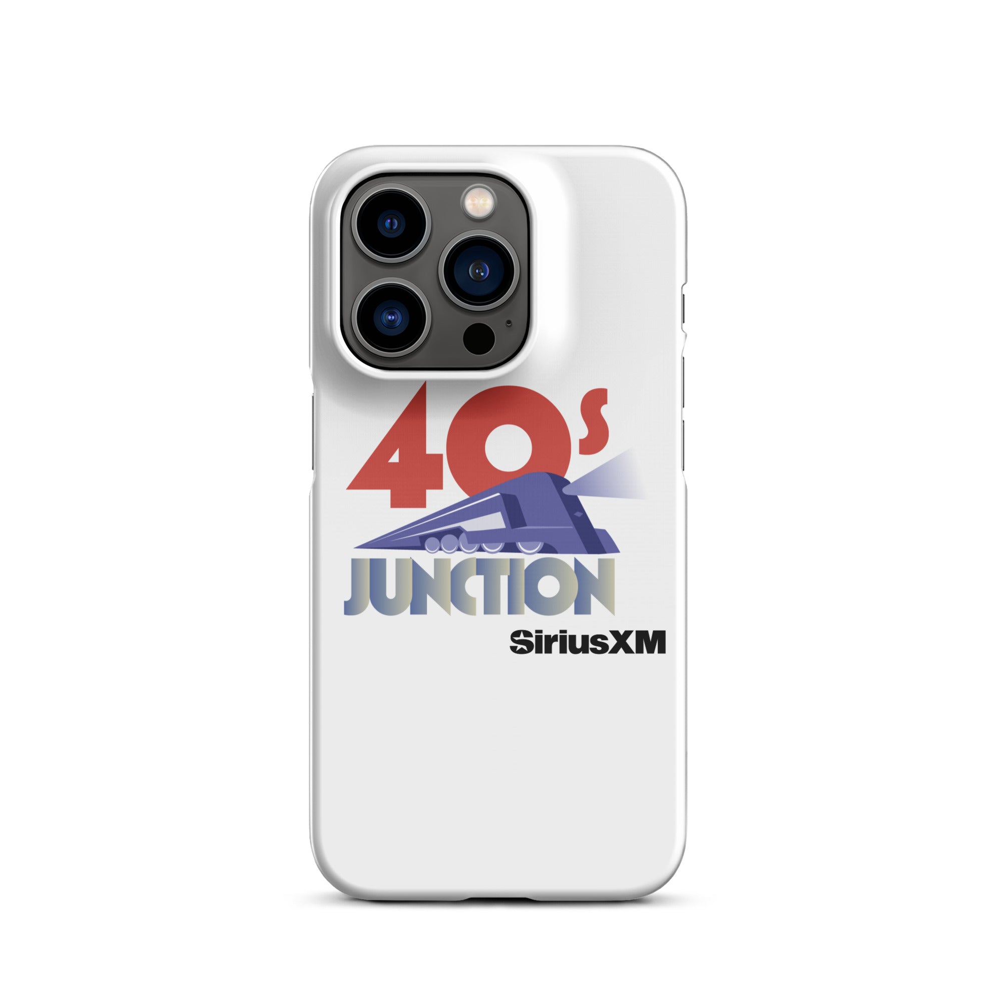 White phone case featuring the text '40s Junction' and a blue train graphic, with 'SiriusXM' logo below.