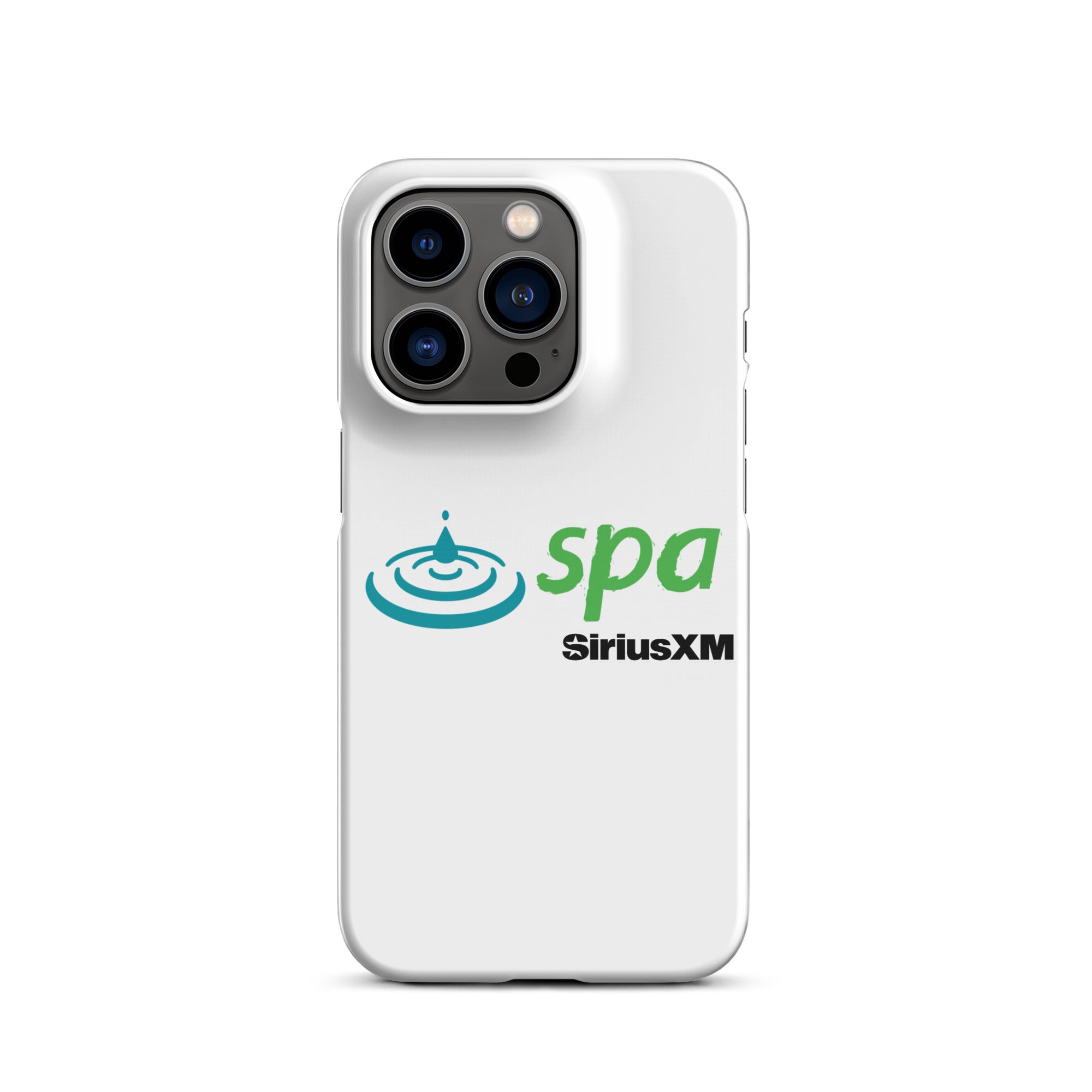 A white phone case featuring the 'spa' logo with a water droplet and ripple design and 'SiriusXM' branding underneath.