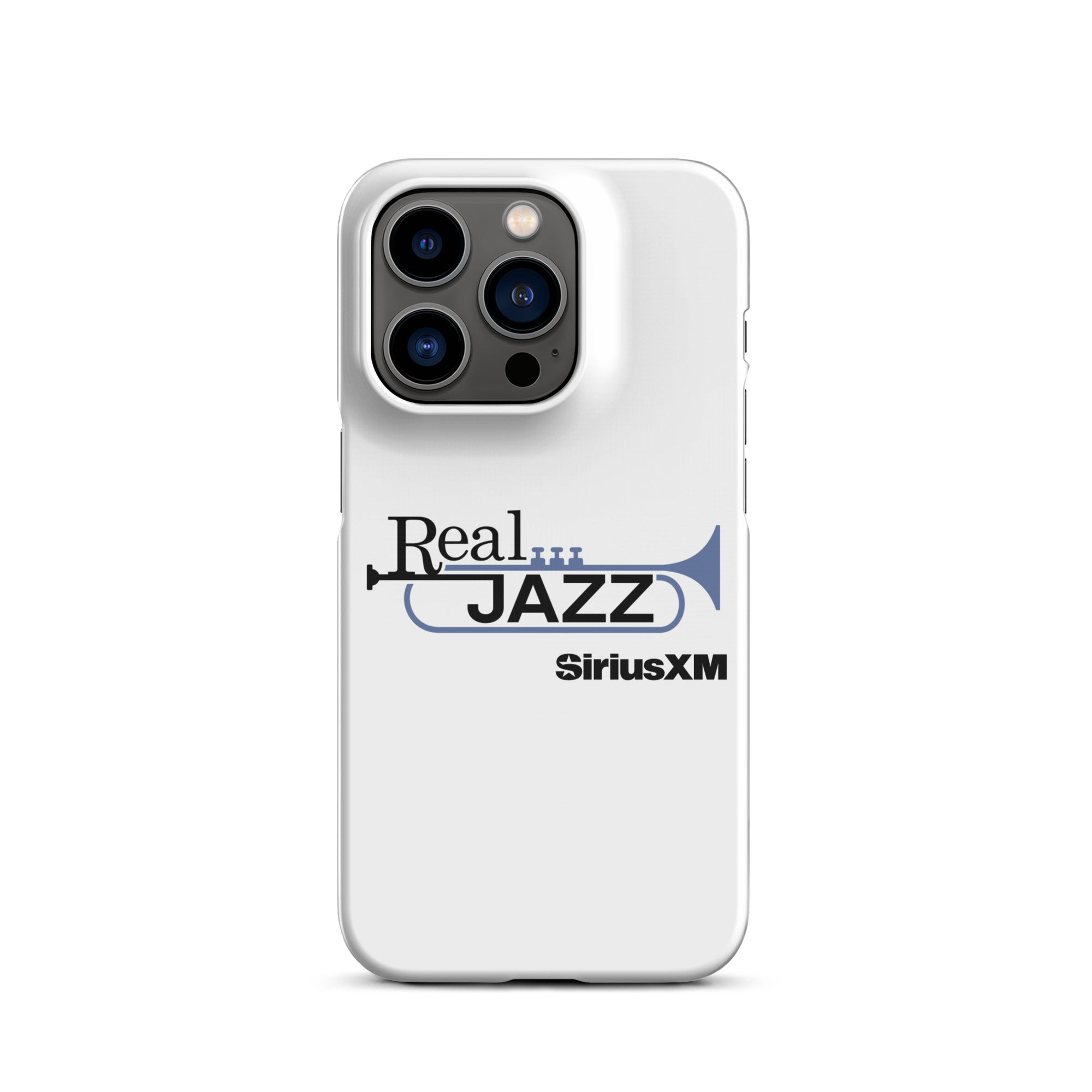 White phone case with 'Real Jazz' text and trumpet logo, featuring 'SiriusXM' branding.