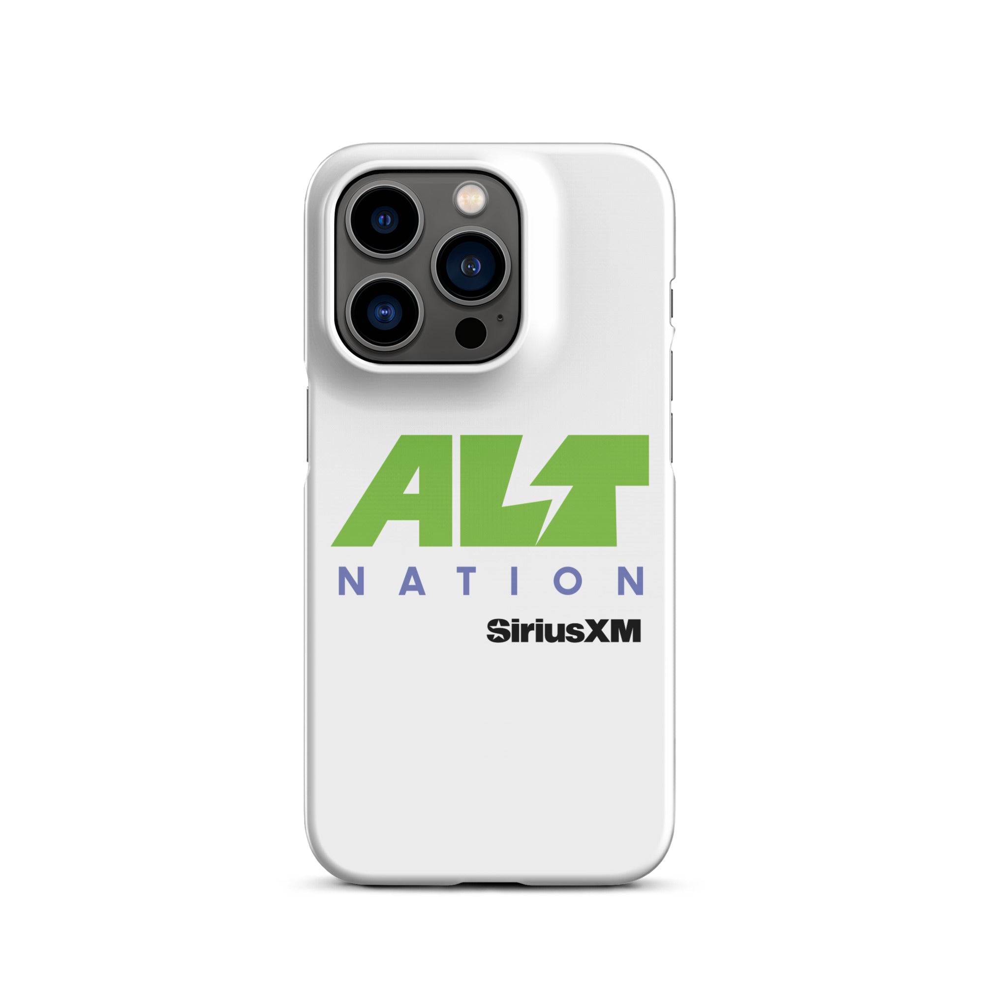 White phone case featuring the 'ALT NATION' logo in green and blue, alongside the 'SiriusXM' logo.