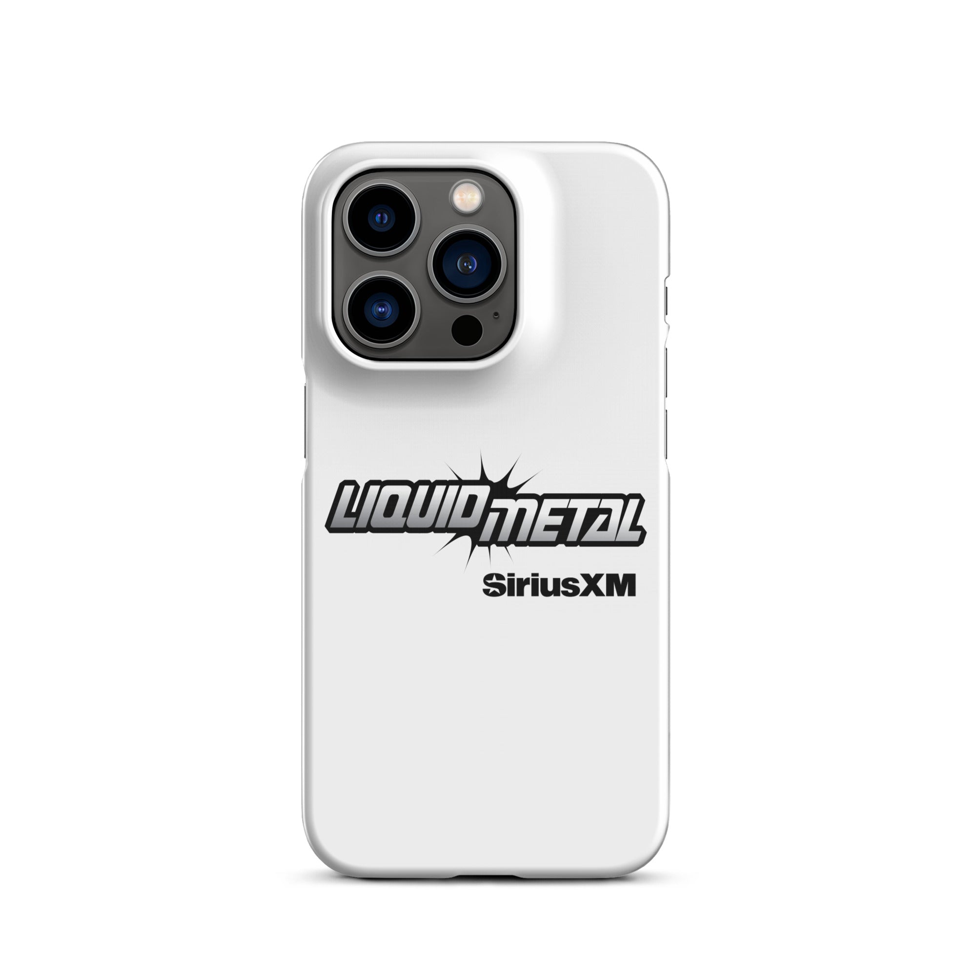 White phone case featuring the 'LIQUID METAL' logo with 'SiriusXM' underneath in a bold design.