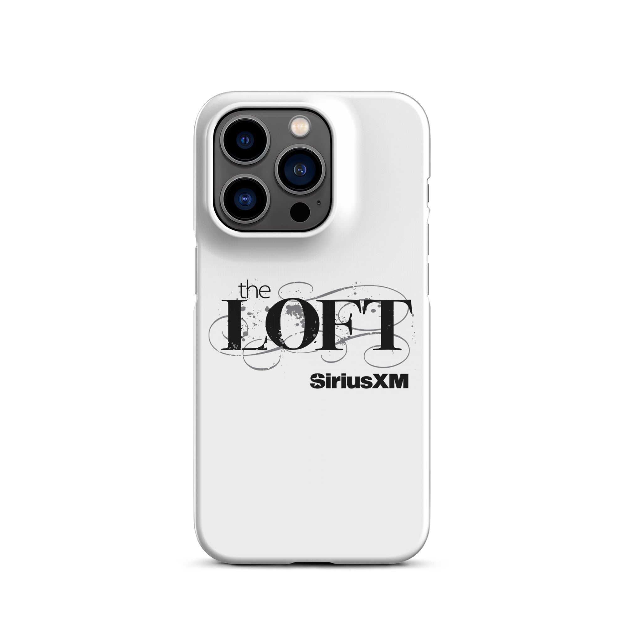 White phone case featuring 'the LOFT' and 'SiriusXM' logos in black text.