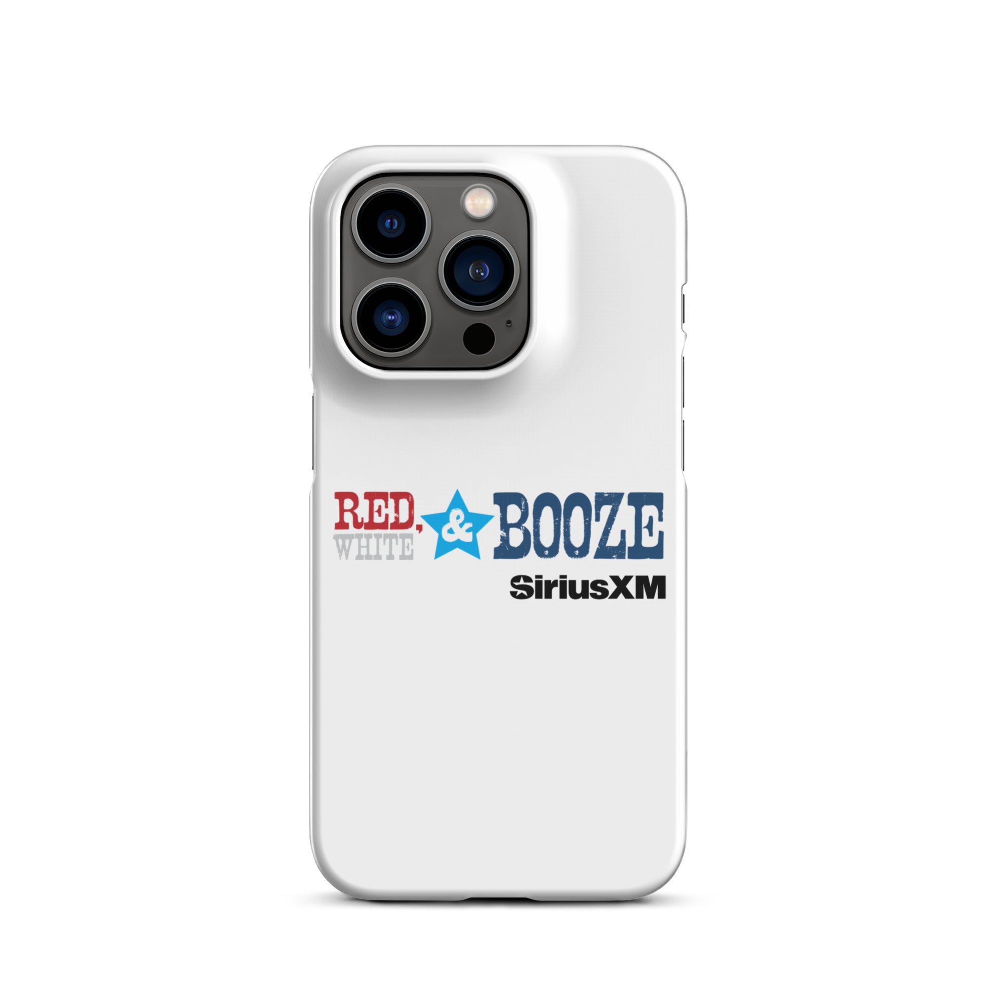 White phone case design with 'RED, WHITE & BOOZE' and 'SiriusXM' logos in red, blue, and black.