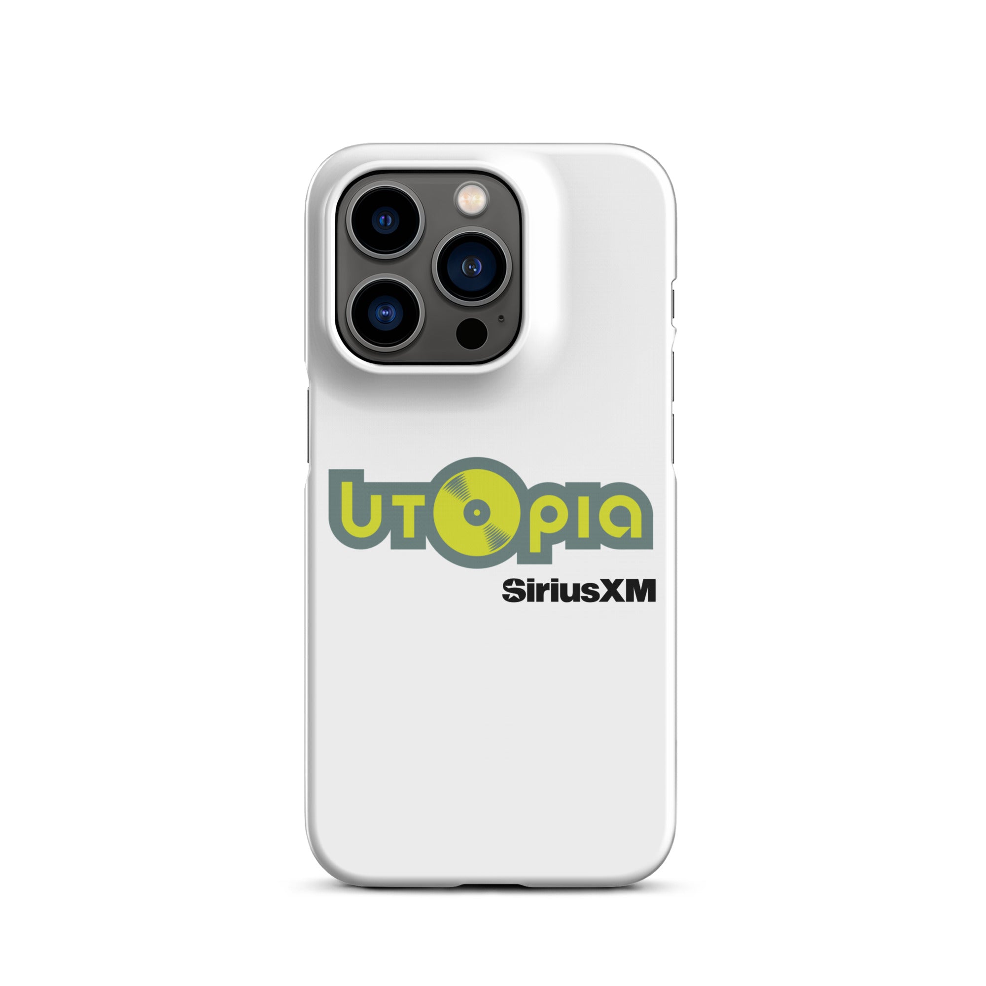 White phone case featuring the logo 'Utopia' with a vinyl record and 'SiriusXM' text.