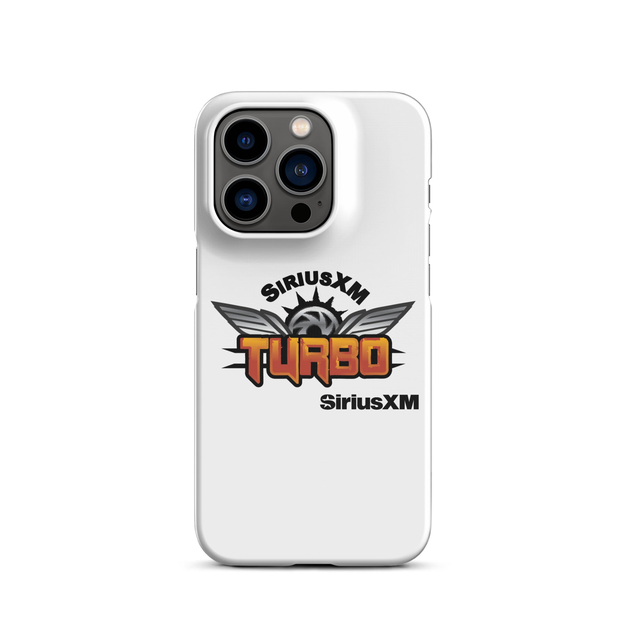 White phone case featuring the 'SiriusXM Turbo' logo in bold orange lettering with wings and 'SiriusXM' branding.