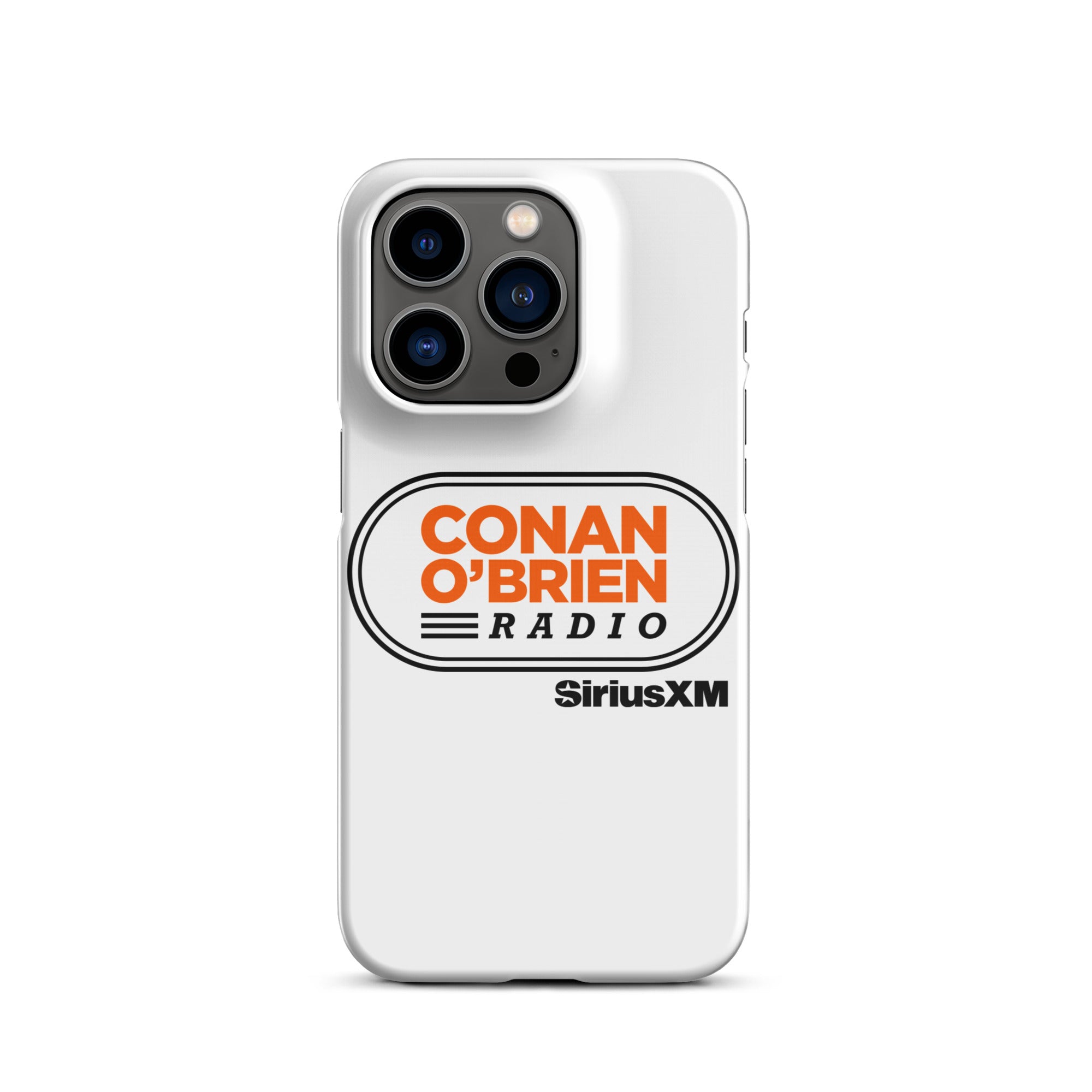 White phone case featuring 'Conan O'Brien Radio' logo and 'SiriusXM' branding.