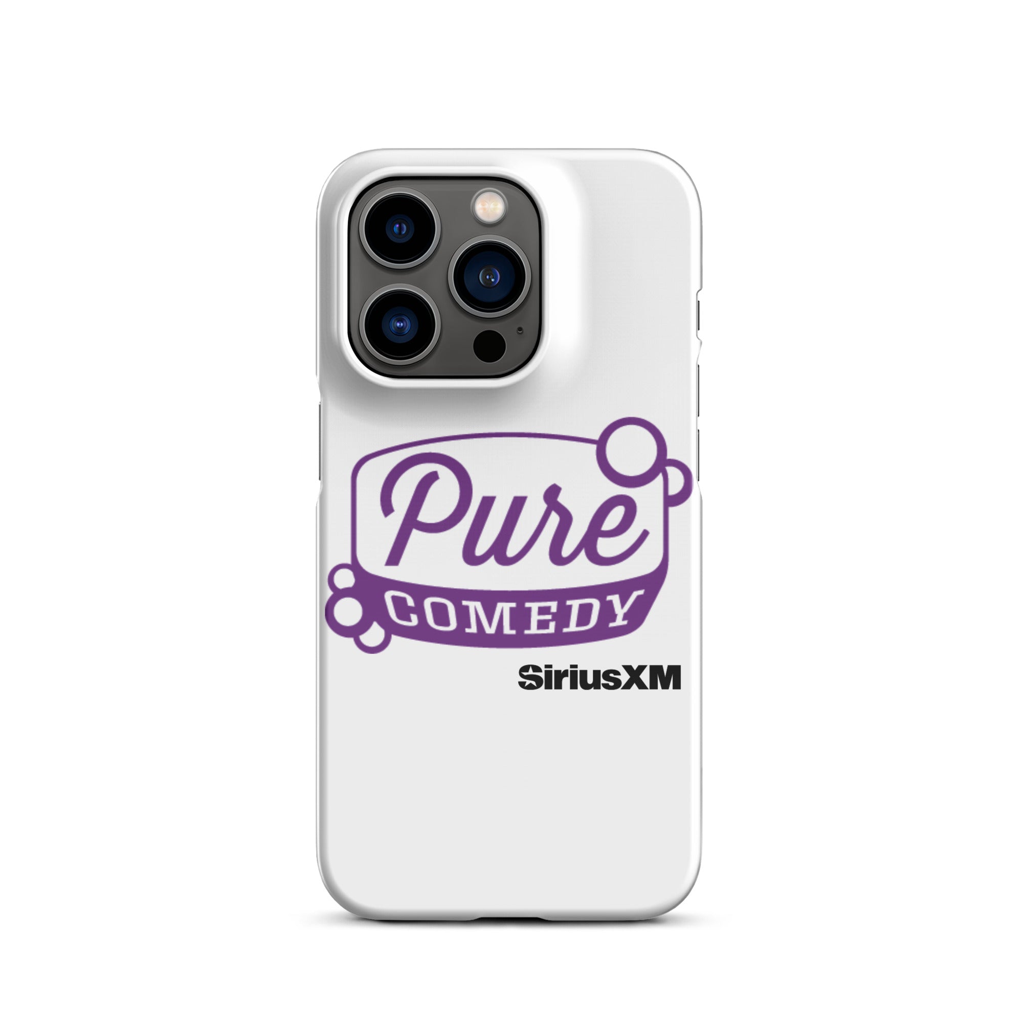 White phone case featuring 'Pure Comedy' in purple and 'SiriusXM' logo.