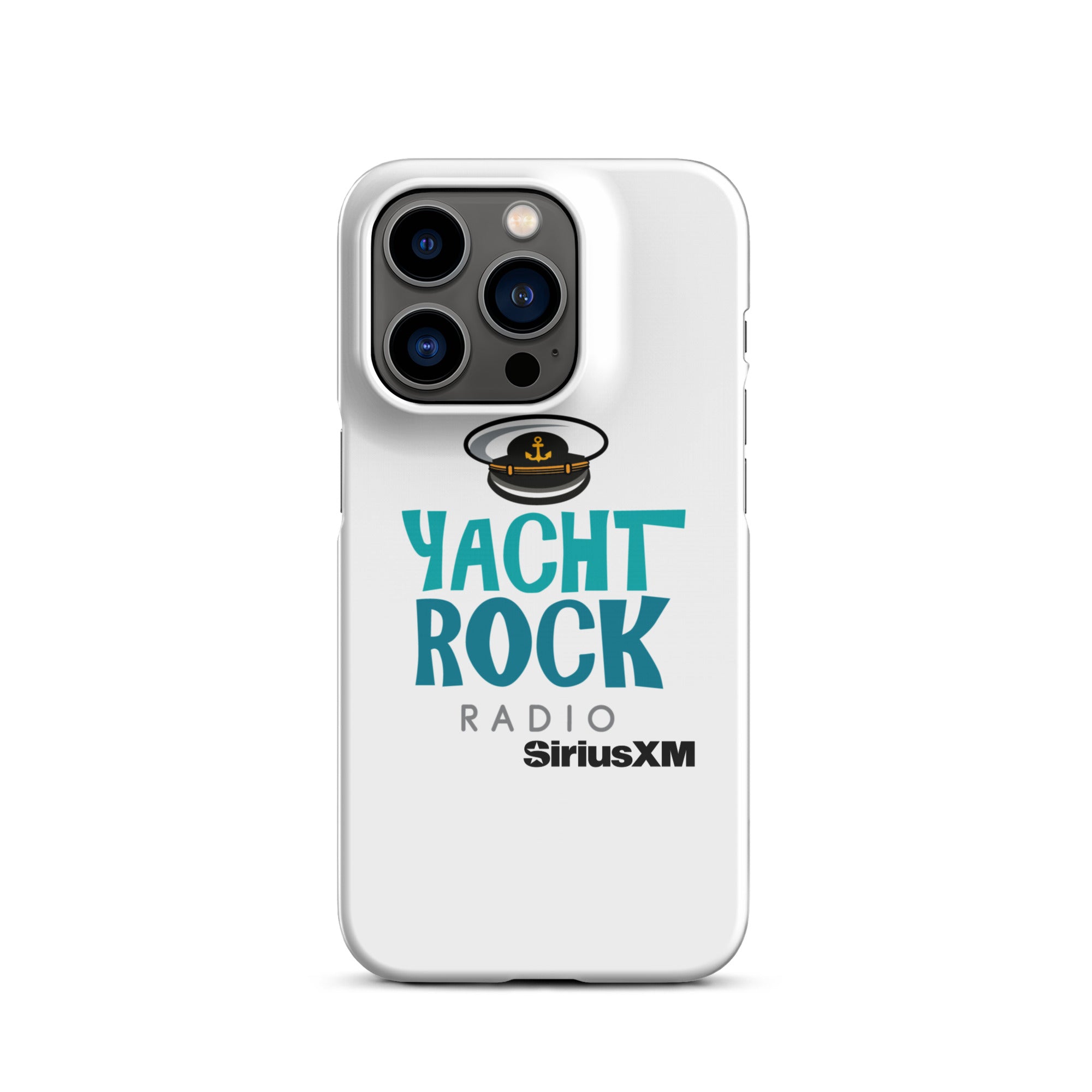 White phone case featuring 'Yacht Rock Radio' logo with a captain's hat and 'SiriusXM' branding.