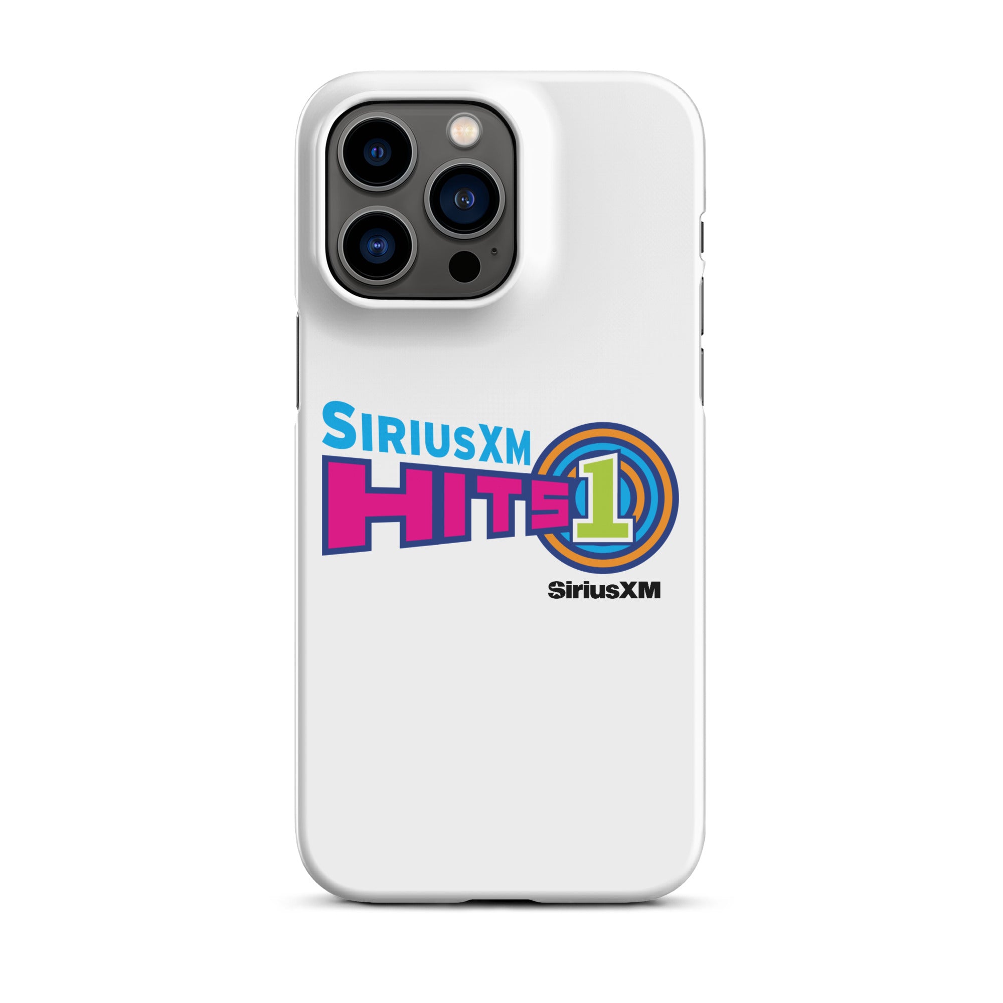 White phone case featuring the 'SiriusXM Hits 1' logo in vibrant colors and 'SiriusXM' branding underneath.