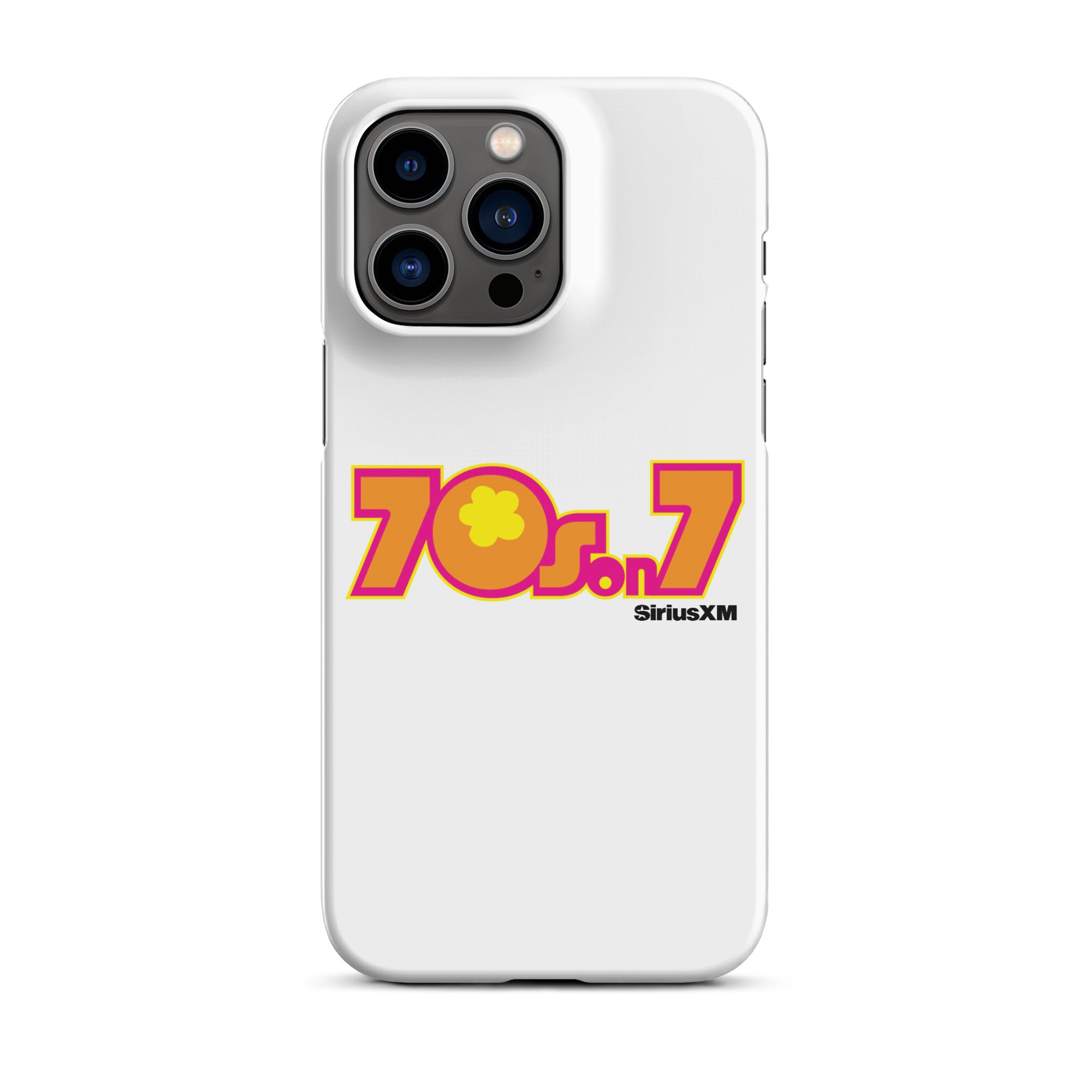 A white phone case featuring a colorful '70s on 7' logo with a flower and the 'SiriusXM' branding.