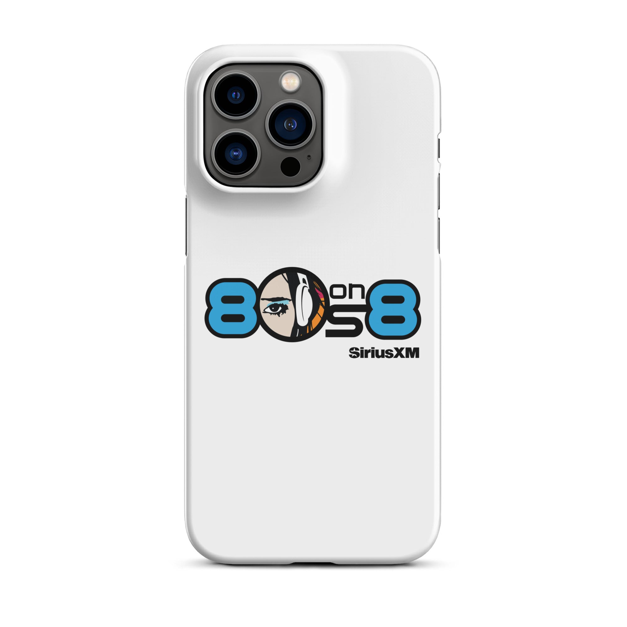 White phone case featuring '80s on 8' logo with a stylized illustration of a person with headphones and 'SiriusXM' branding.