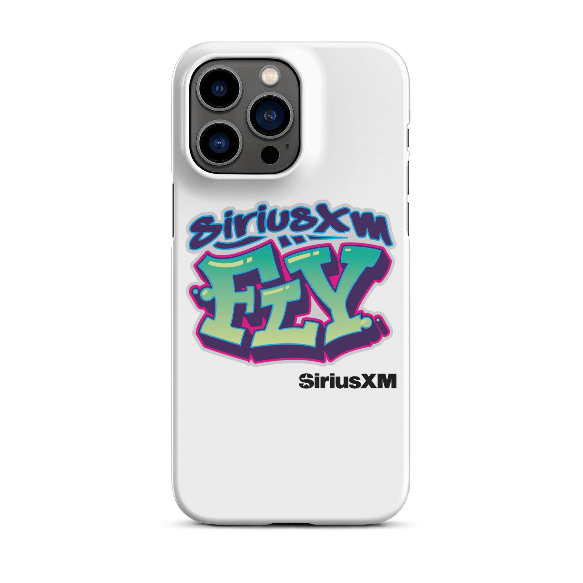 White phone case featuring colorful graffiti-style text: 'SiriusXM FLY' with 'SiriusXM' branding below.