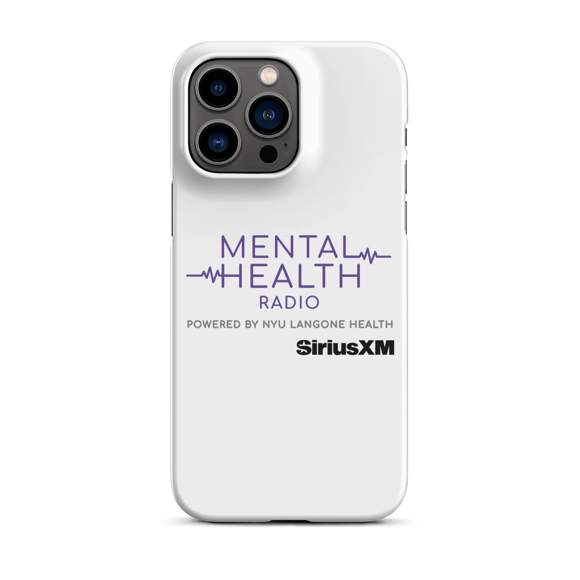 White phone case featuring 'Mental Health Radio powered by NYU Langone Health' logo and 'SiriusXM' branding.