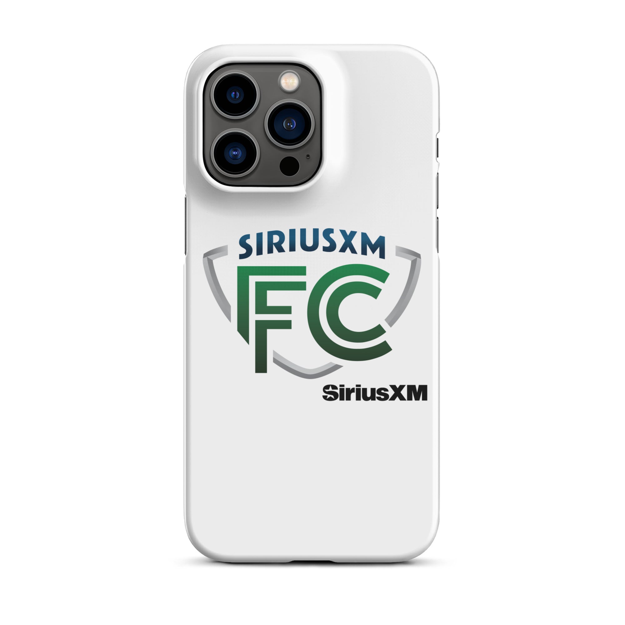 White phone case featuring the 'SiriusXM FC' logo in green and gray with 'SiriusXM' branding in black.