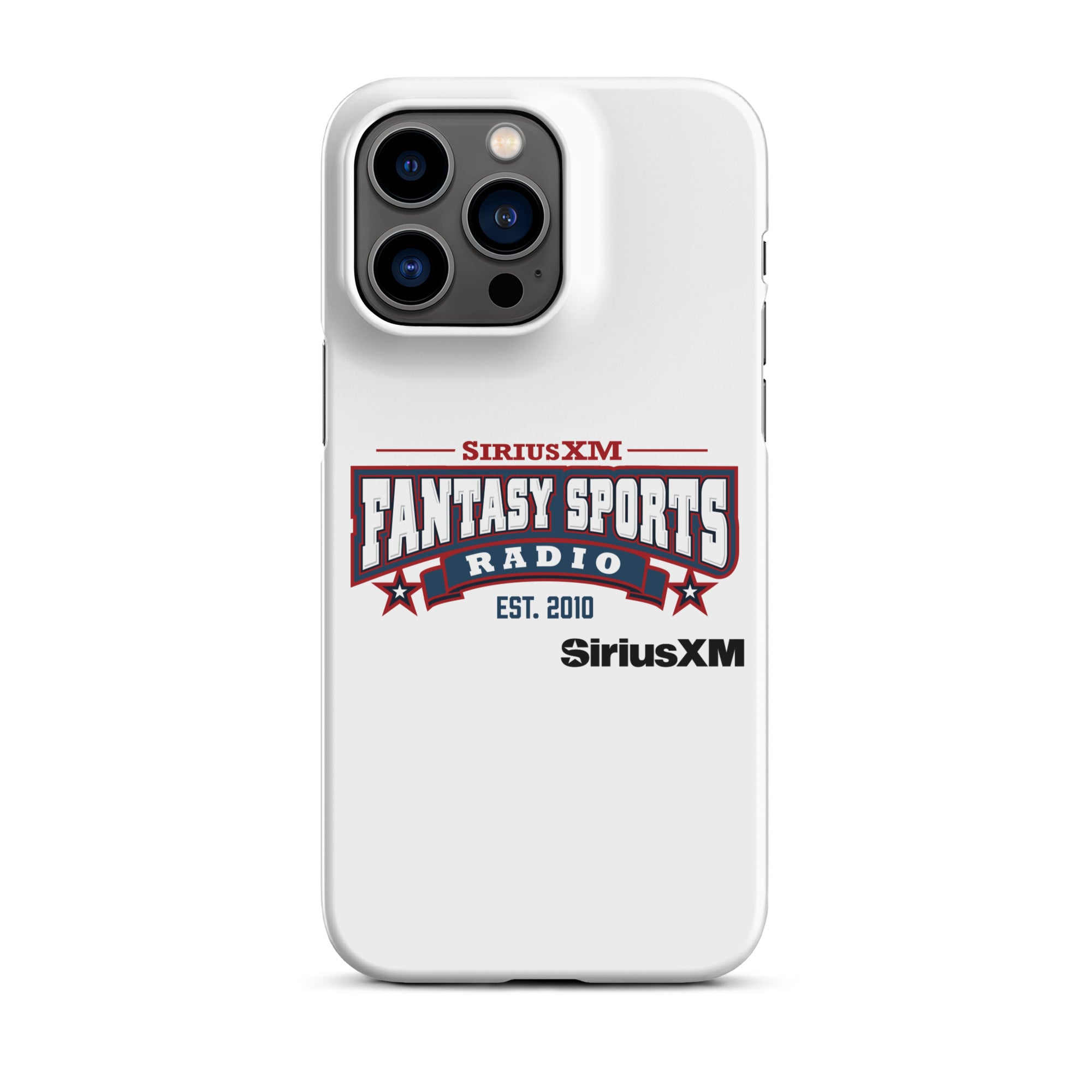 White phone case featuring the 'SiriusXM Fantasy Sports Radio Established 2010' logo with stars, banners and black 'SiriusXM' branding underneath.