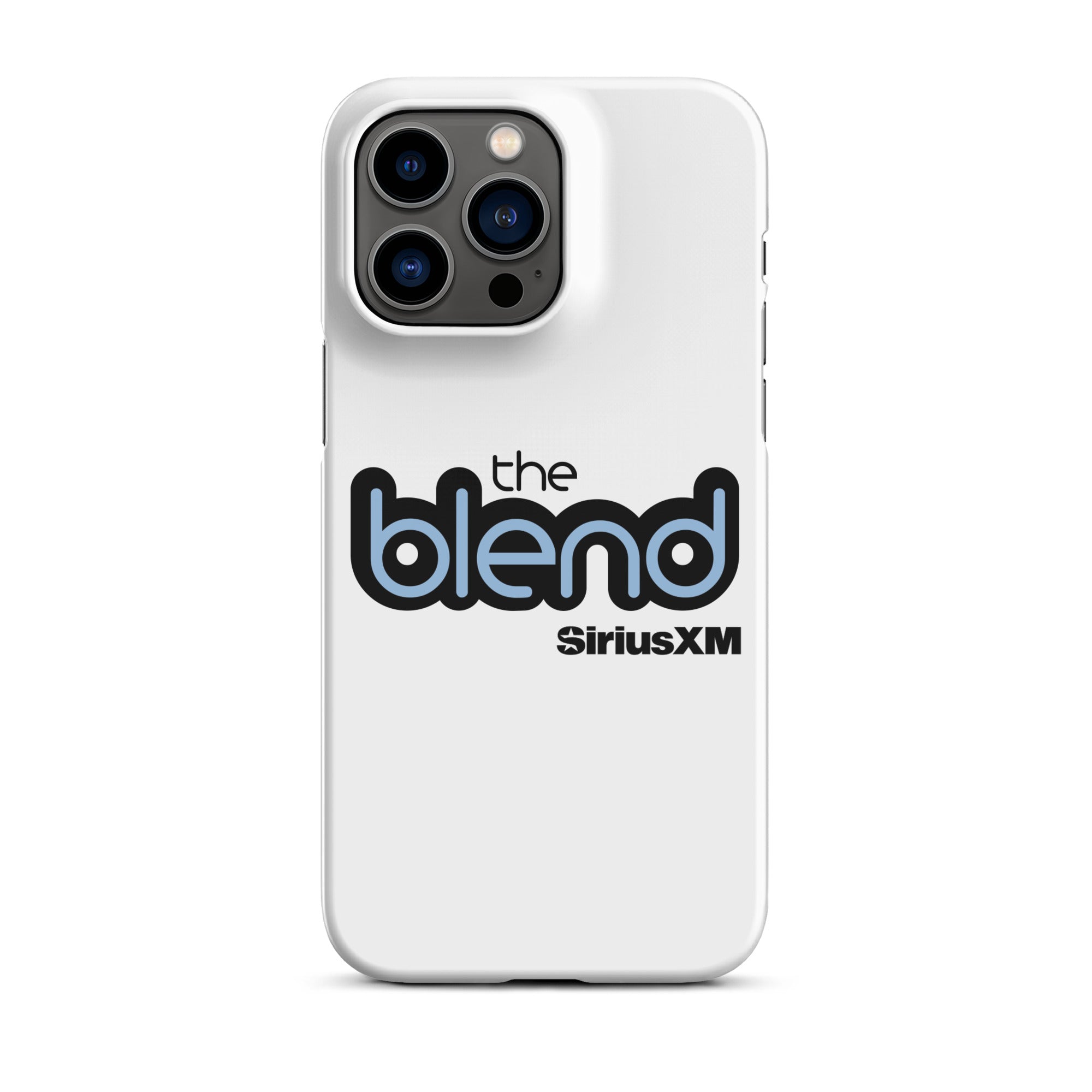 White phone case featuring the logo 'the blend' in black and blue and the 'SiriusXM' logo.