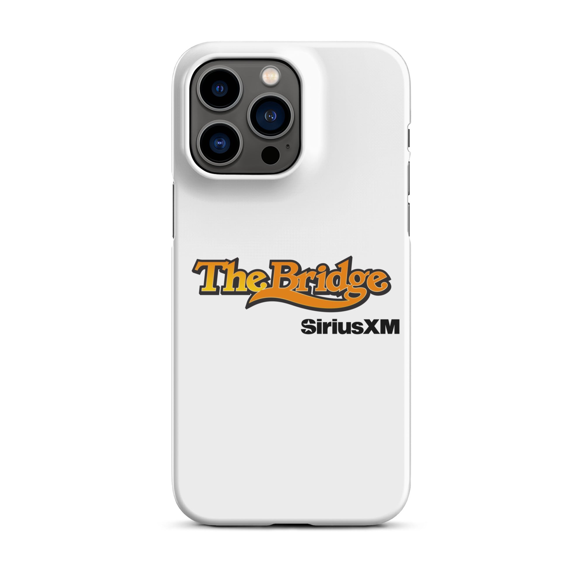 White phone case featuring the logos for 'The Bridge' and 'SiriusXM.'