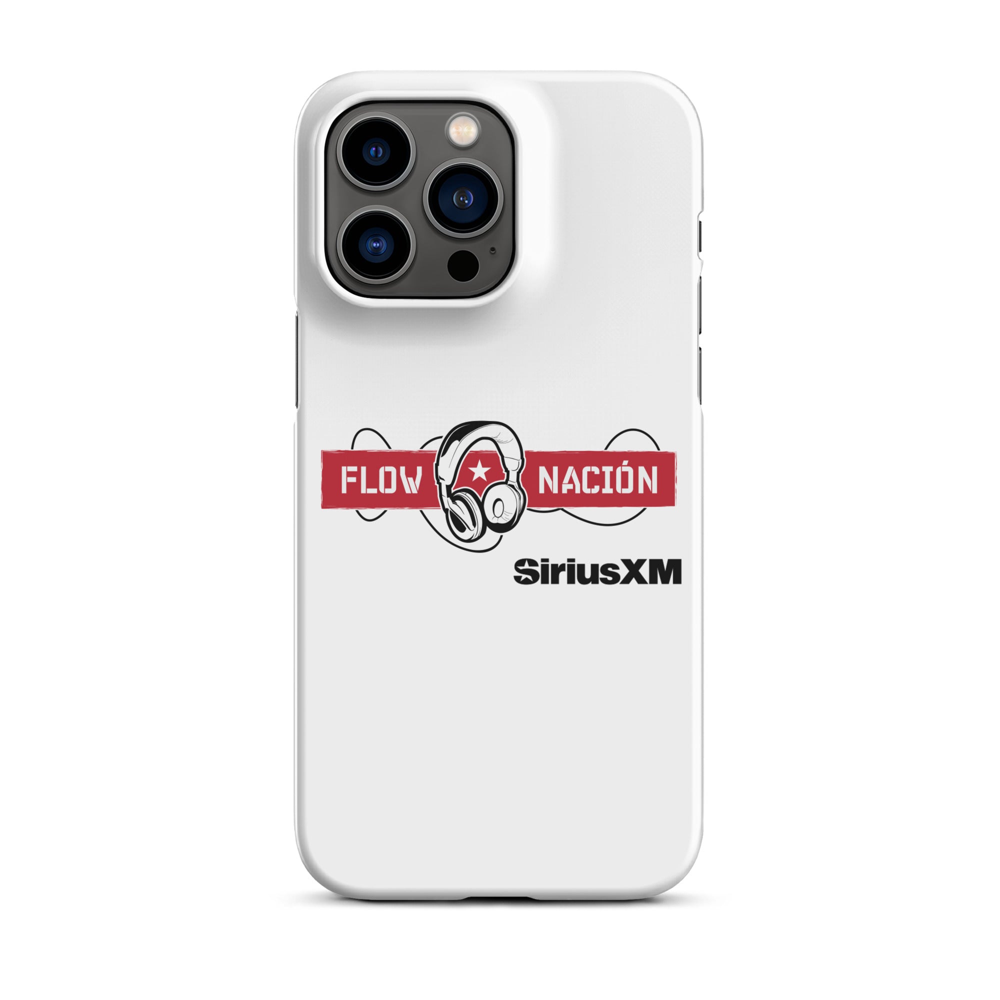 White phone case featuring 'FLOW NACION' with headphones logo and 'SiriusXM' branding.