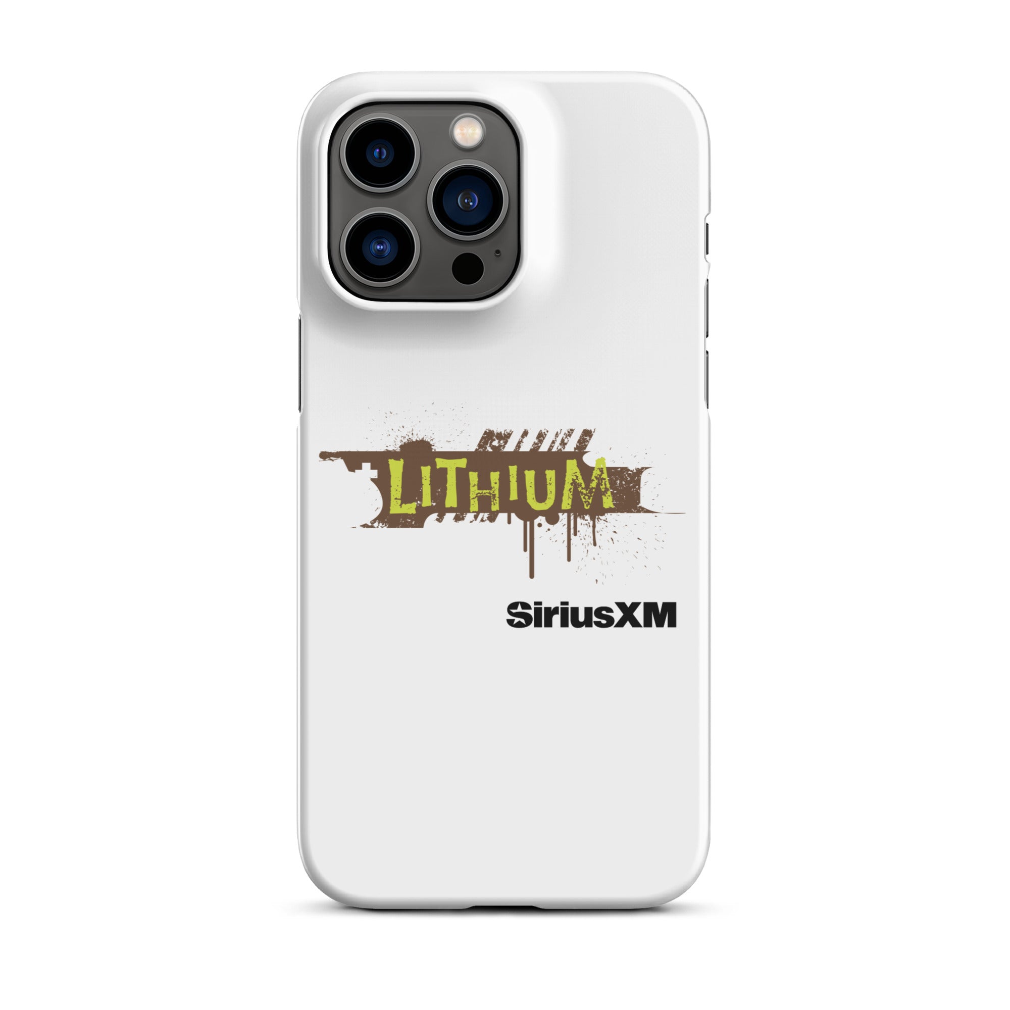 A white phone case featuring the 'LITHIUM' logo in green and brown, with 'SiriusXM' below it.