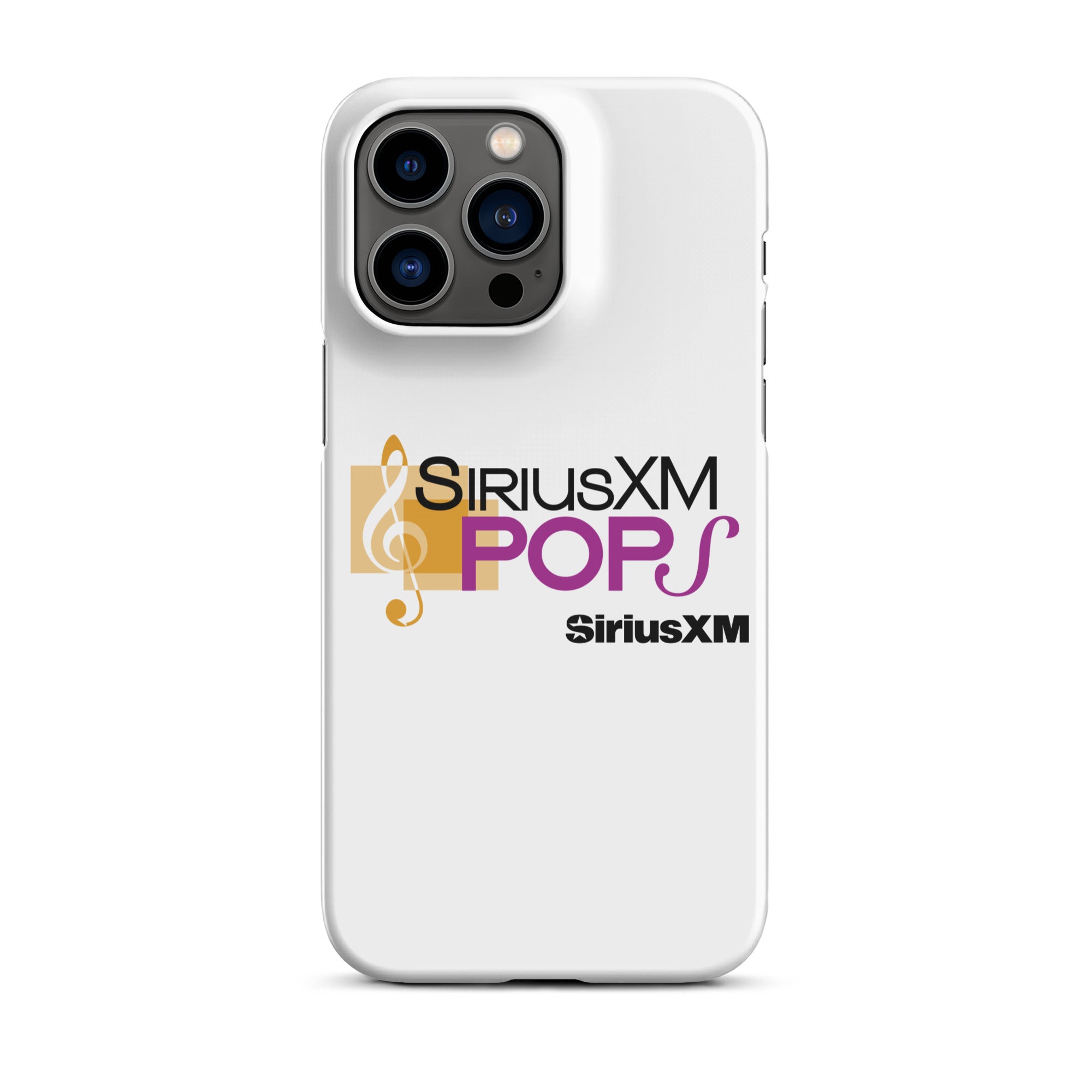 A white phone case featuring the 'SiriusXM POPS' logo in purple with a gold musical note design and 'SiriusXM' branding.