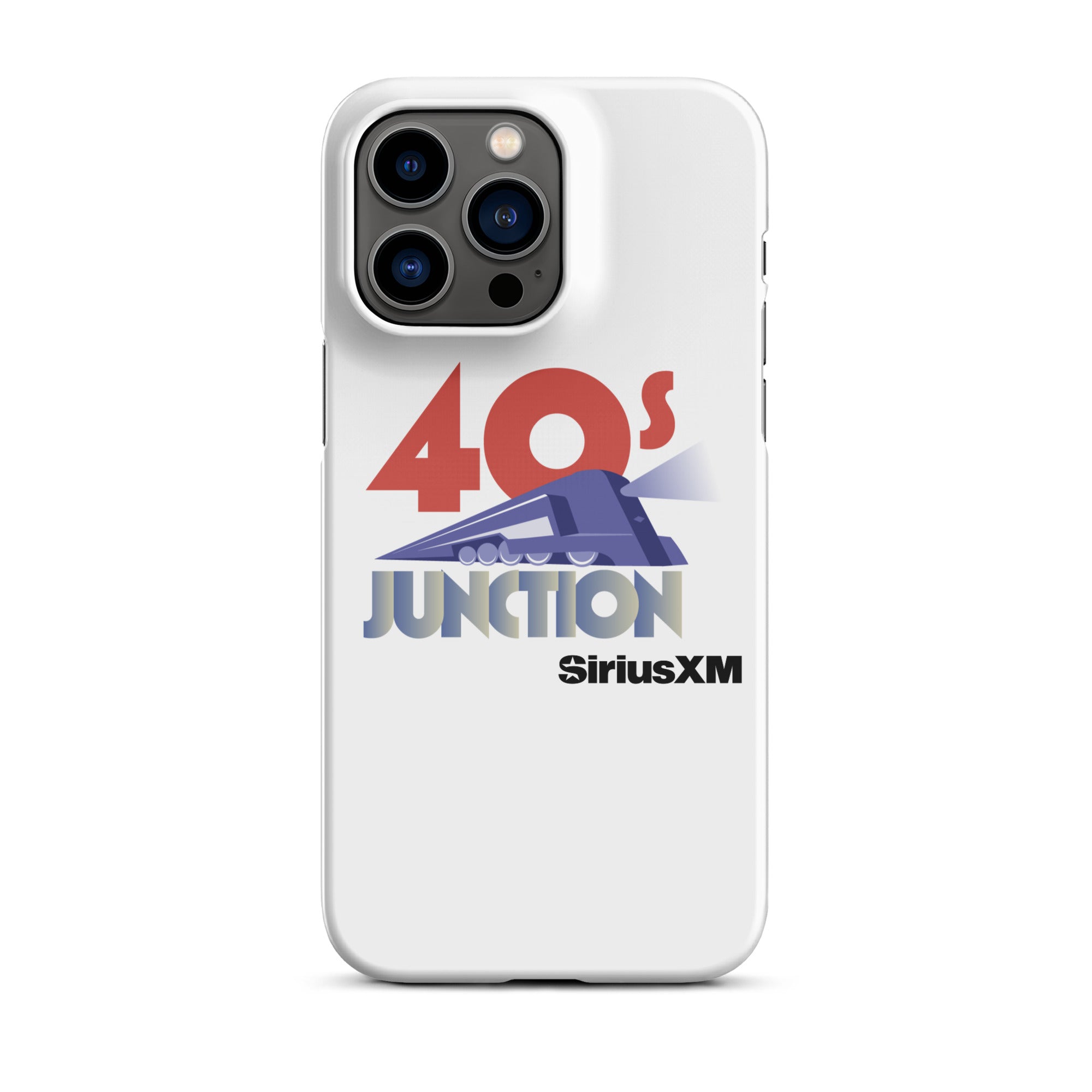 White phone case featuring the text '40s Junction' and a blue train graphic, with 'SiriusXM' logo below.