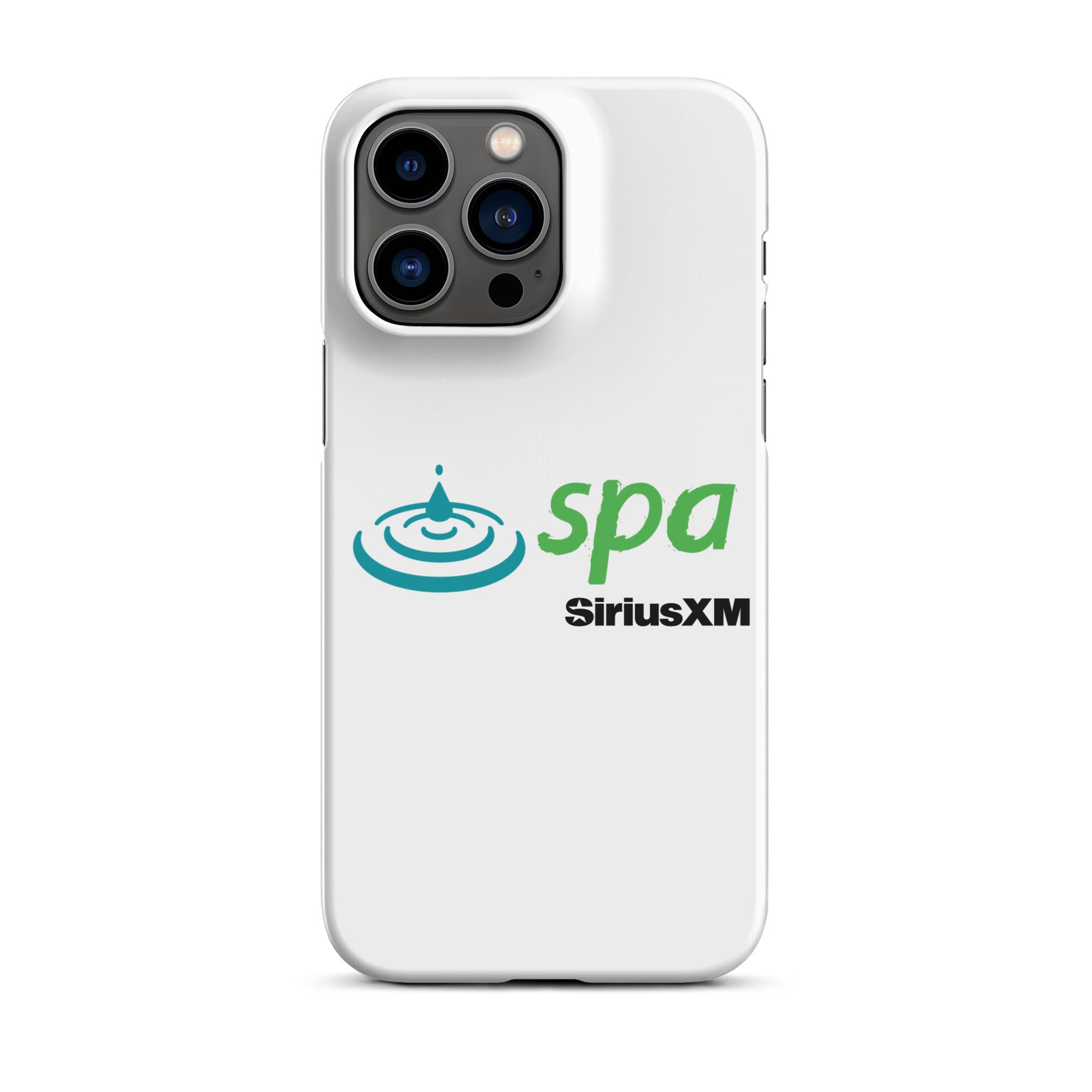 A white phone case featuring the 'spa' logo with a water droplet and ripple design and 'SiriusXM' branding underneath.