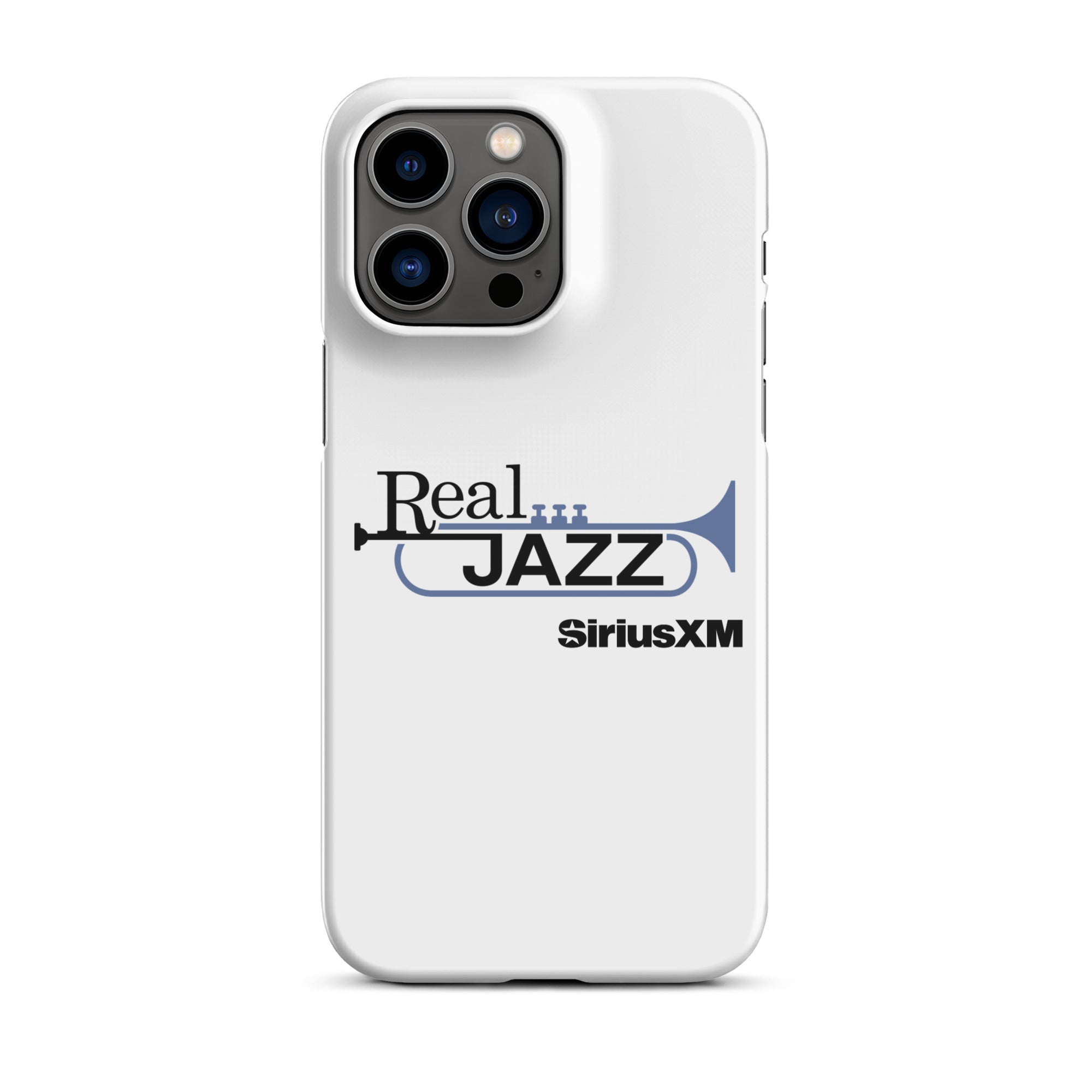 White phone case with 'Real Jazz' text and trumpet logo, featuring 'SiriusXM' branding.