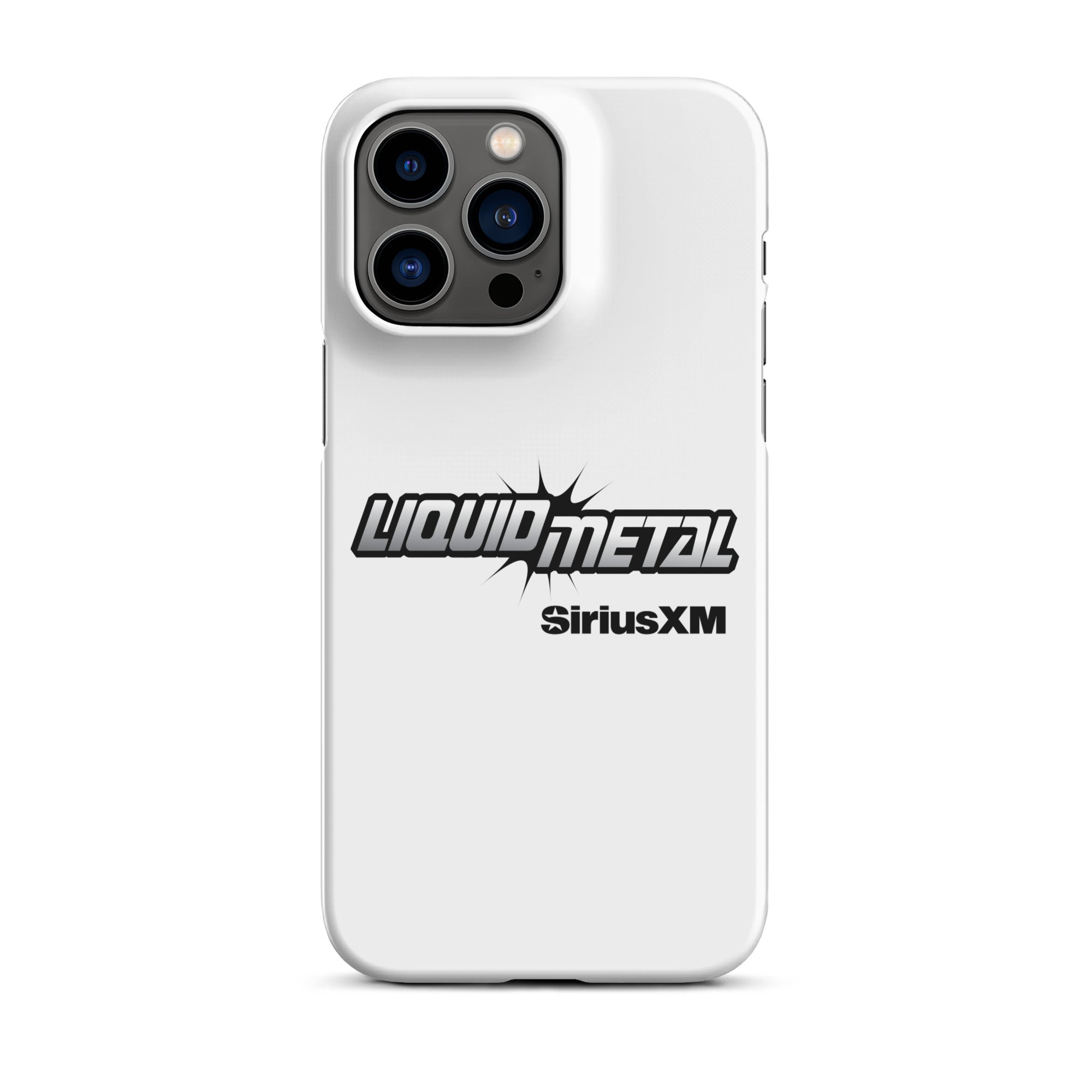 White phone case featuring the 'LIQUID METAL' logo with 'SiriusXM' underneath in a bold design.