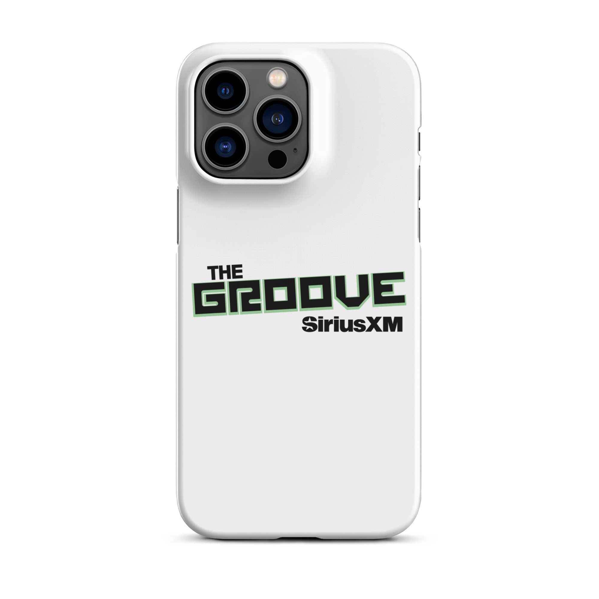 White phone case featuring 'THE GROOVE' and 'SiriusXM' logos in black and green.