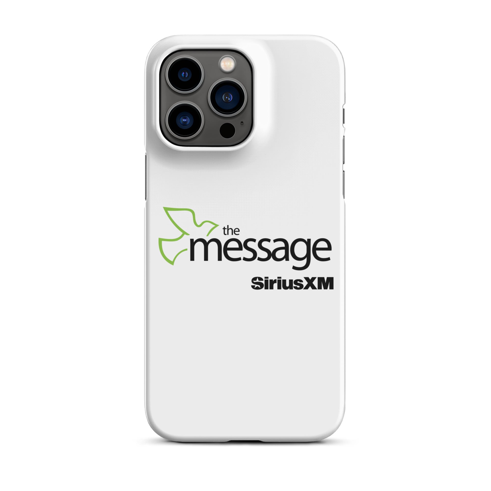 A white phone case featuring 'the message' logo with a green dove and 'SiriusXM' branding.