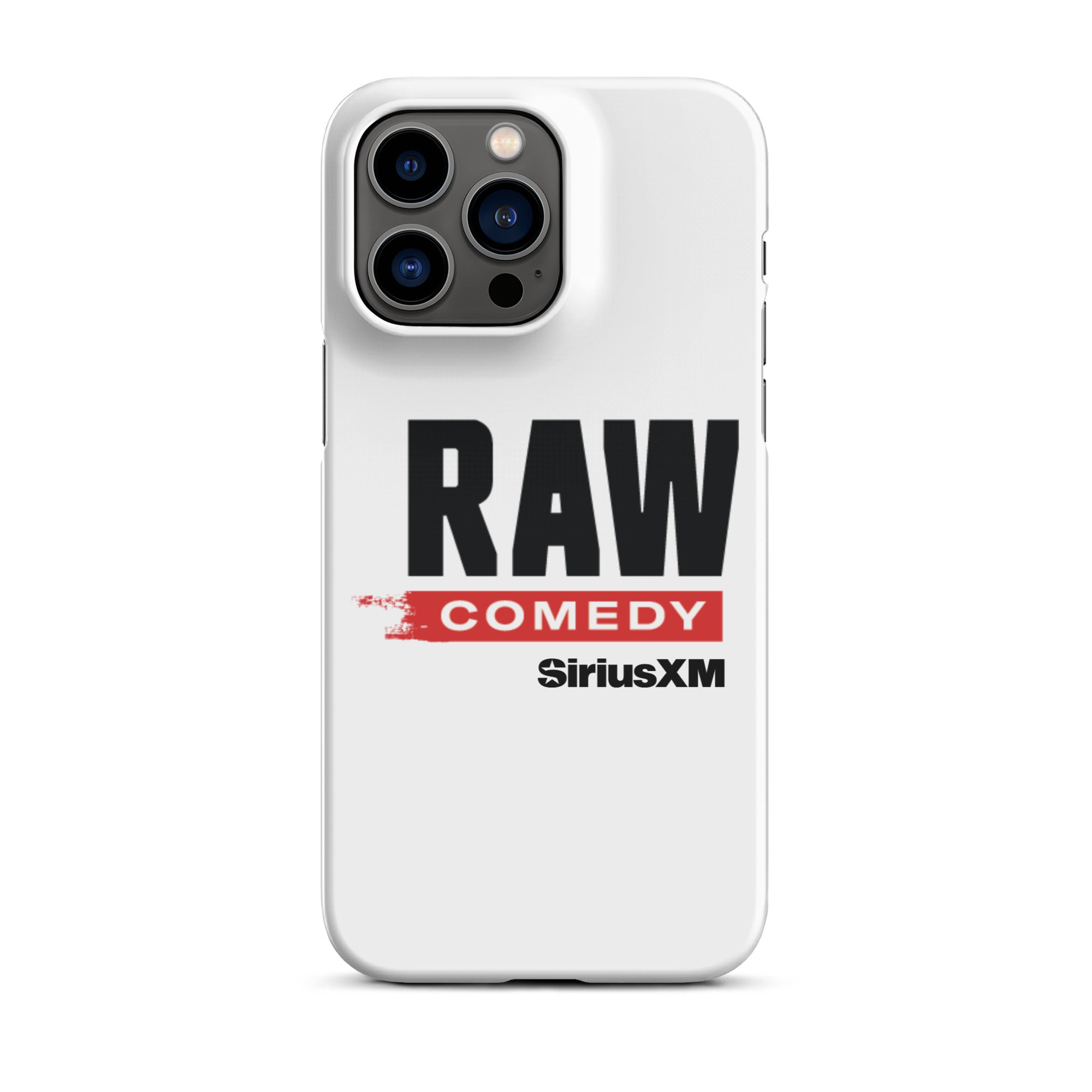 White phone case featuring the text 'RAW COMEDY' and the 'SiriusXM' logo.