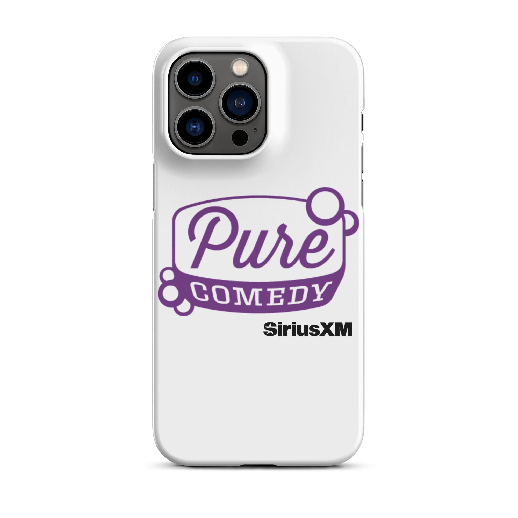 White phone case featuring 'Pure Comedy' in purple and 'SiriusXM' logo.