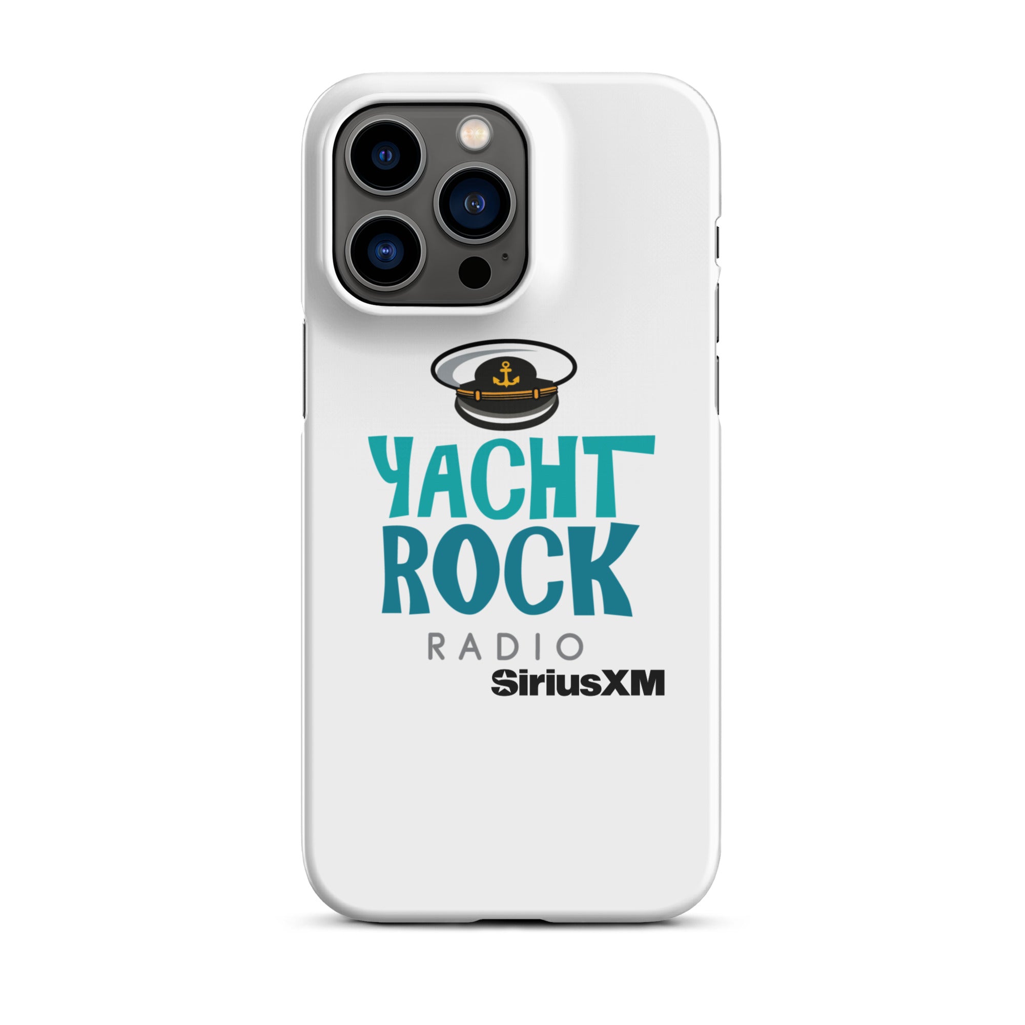 White phone case featuring 'Yacht Rock Radio' logo with a captain's hat and 'SiriusXM' branding.