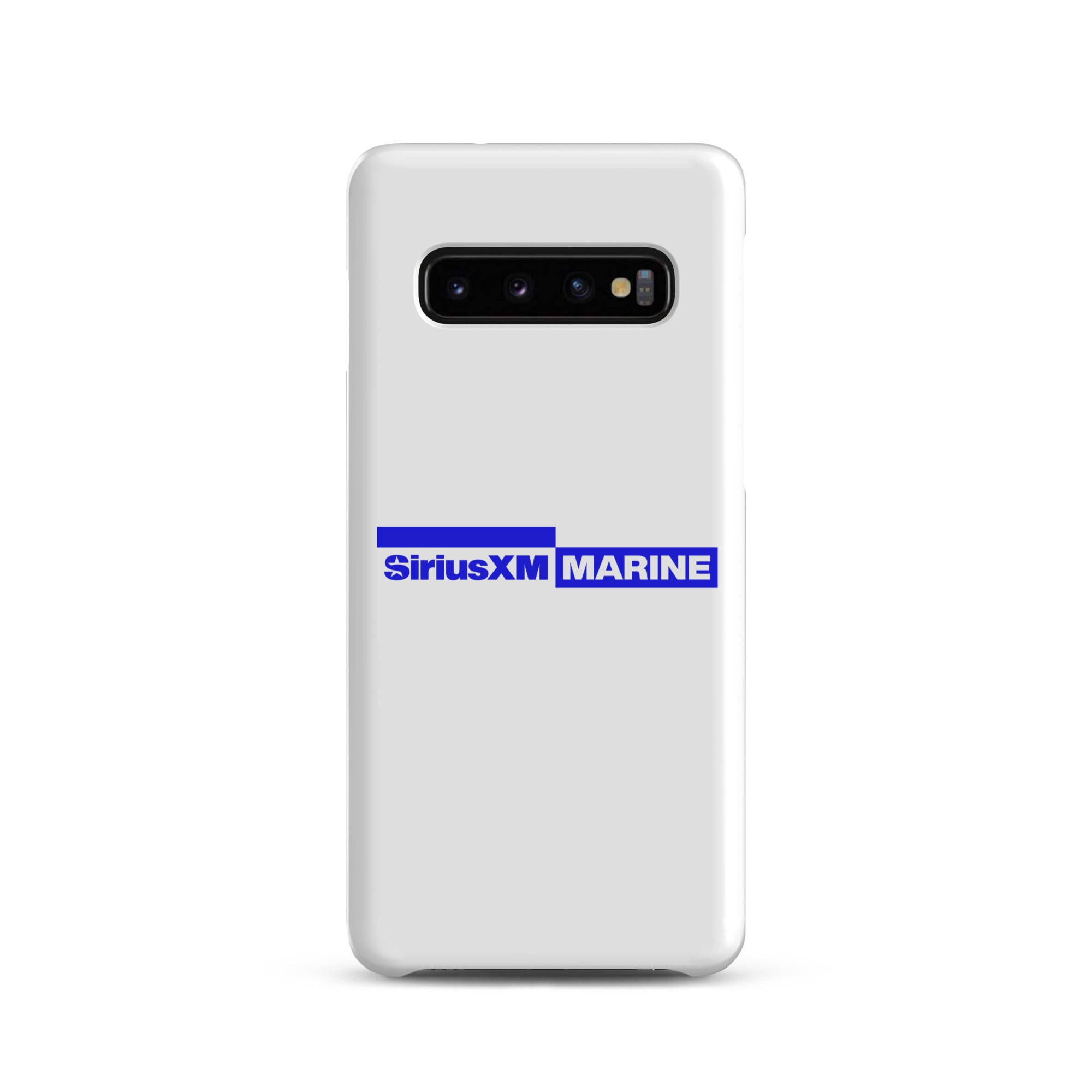 White phone case featuring the SiriusXM Marine logo in blue.