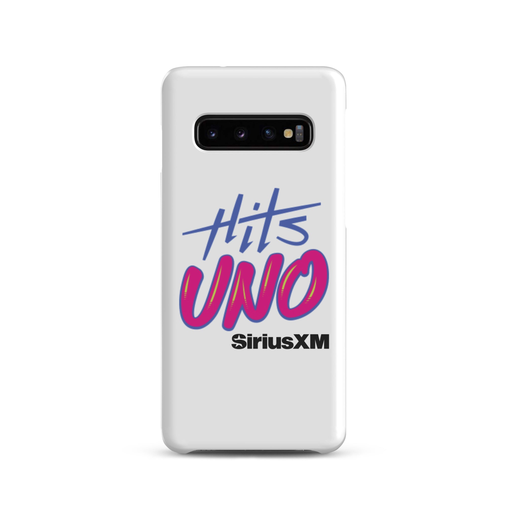 Phone case design featuring 'Hits UNO' and 'SiriusXM' in vibrant blue and pink colors on a white background.