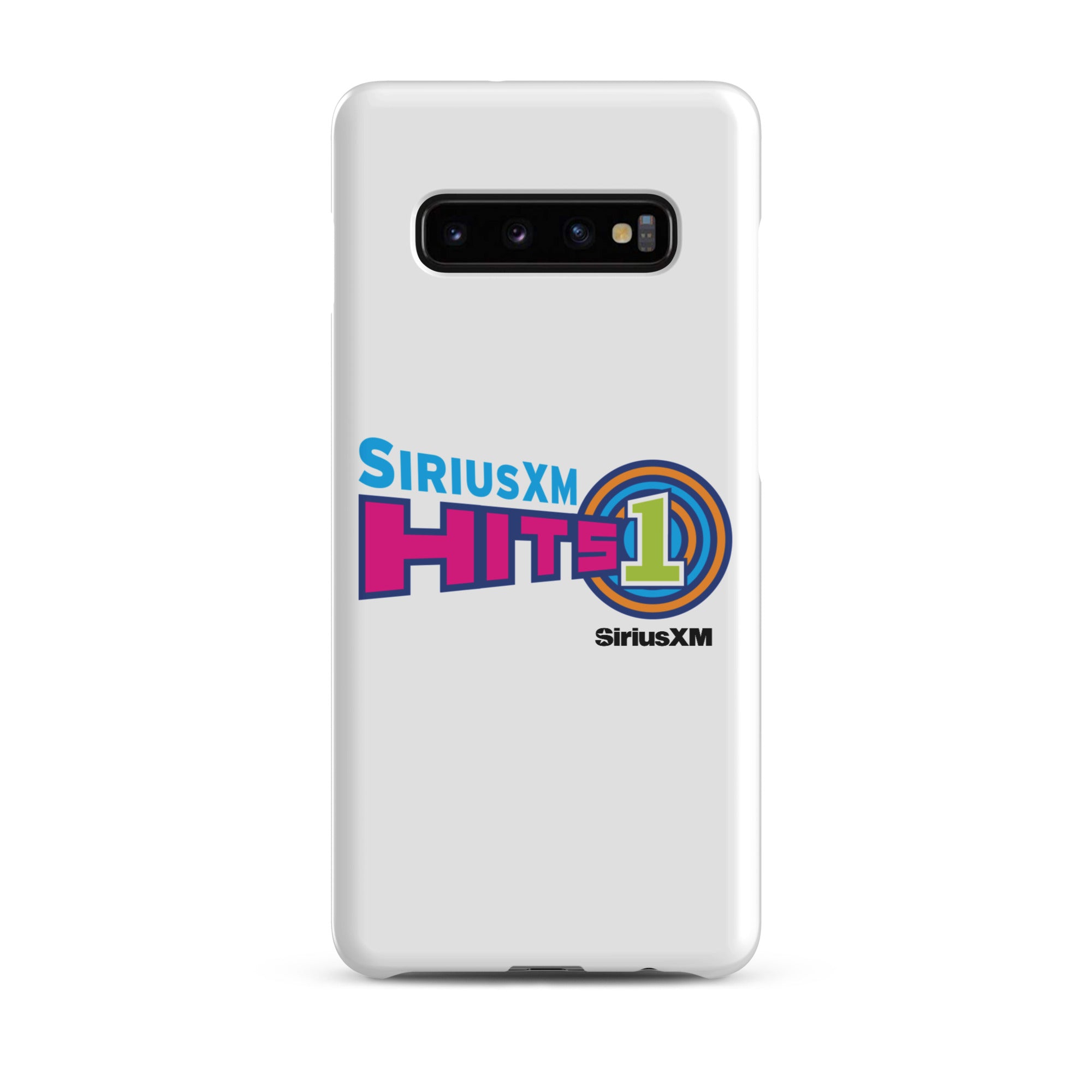 White phone case with 'SiriusXM Hits 1' logo, featuring colors pink, blue, and green design elements and 'SiriusXM' branding.