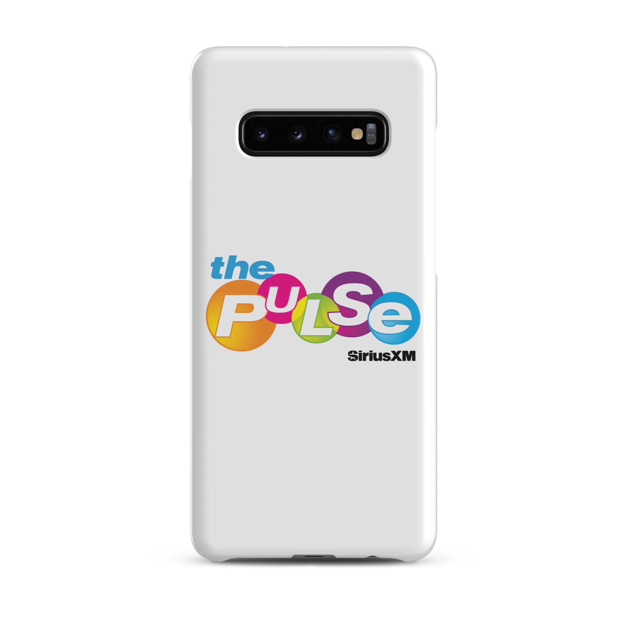 A white phone case featuring the colorful logo 'the PULSe SiriusXM.'