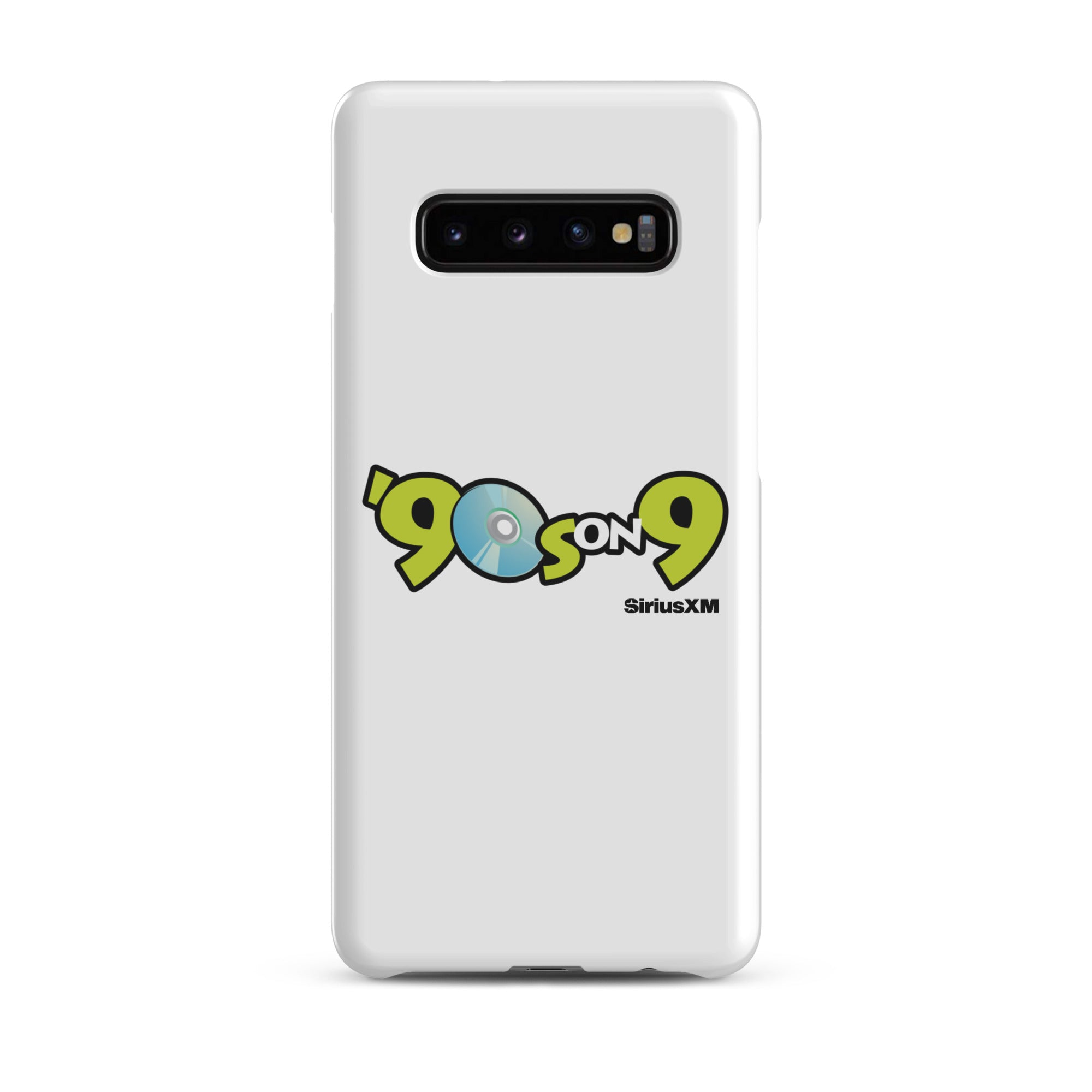 White phone case featuring the '90s on 9 SiriusXM' logo with a blue disc icon.