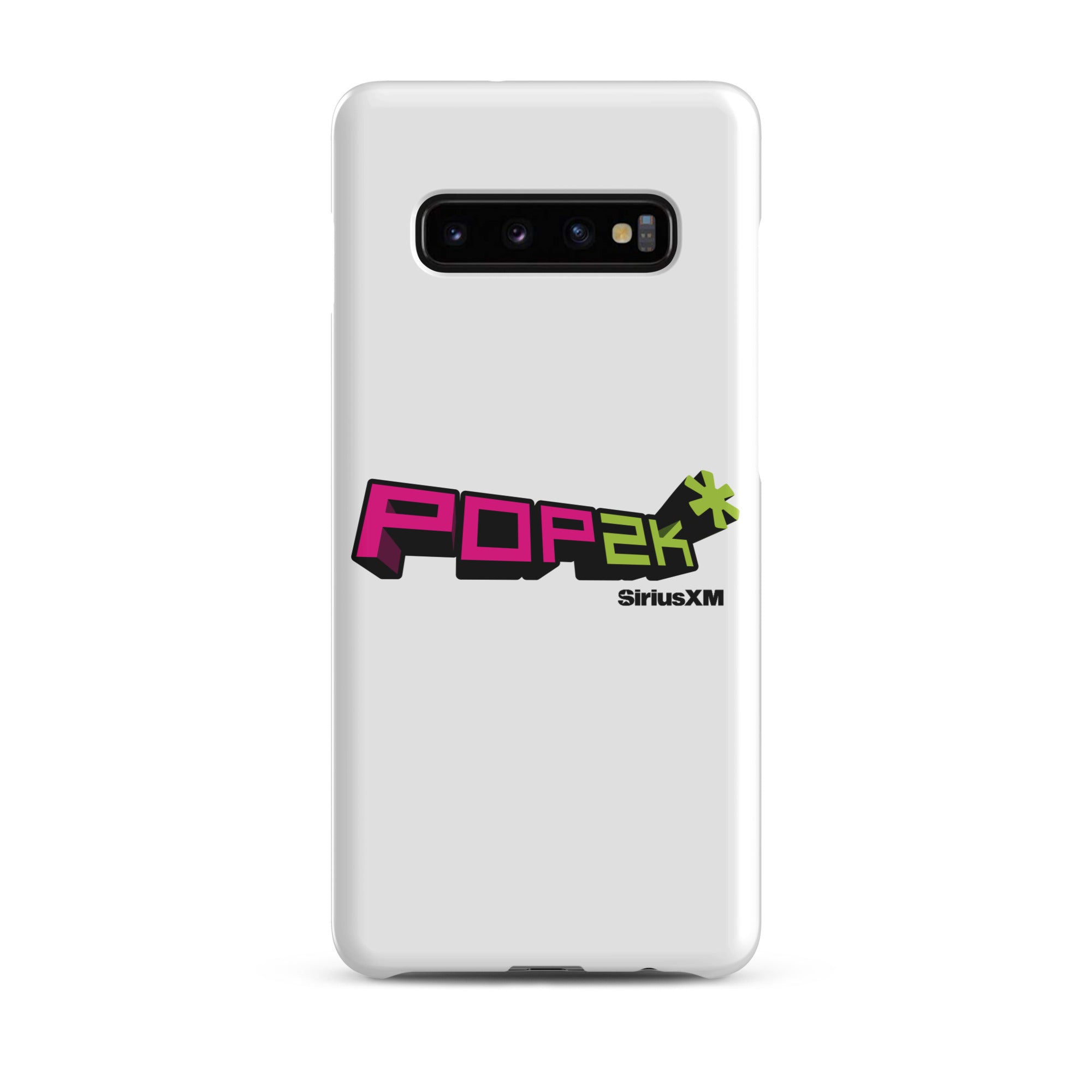 White phone case featuring the 'POP2K' logo with 'SiriusXM' branding in bold pink and green colors.