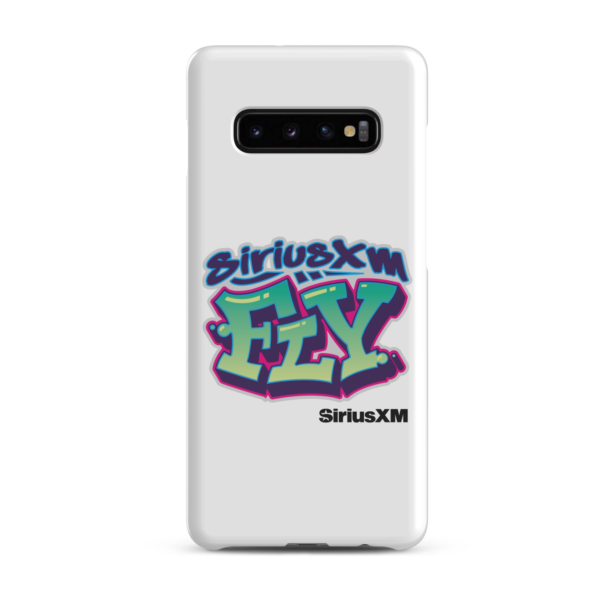 White phone case featuring colorful graffiti-style 'SiriusXM FLY' logo and 'SiriusXM' branding in black.