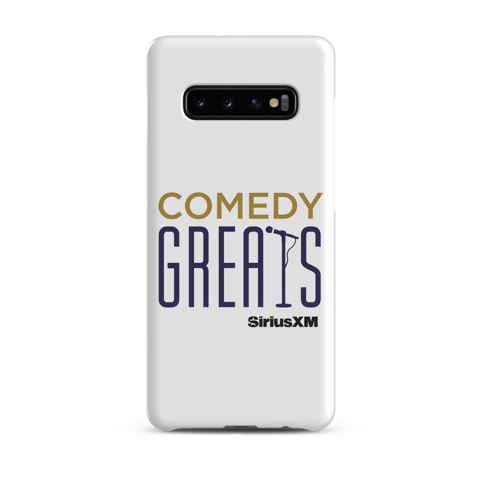 White phone case with 'COMEDY GREATS' logo and a microphone icon, featuring the 'SiriusXM' logo.