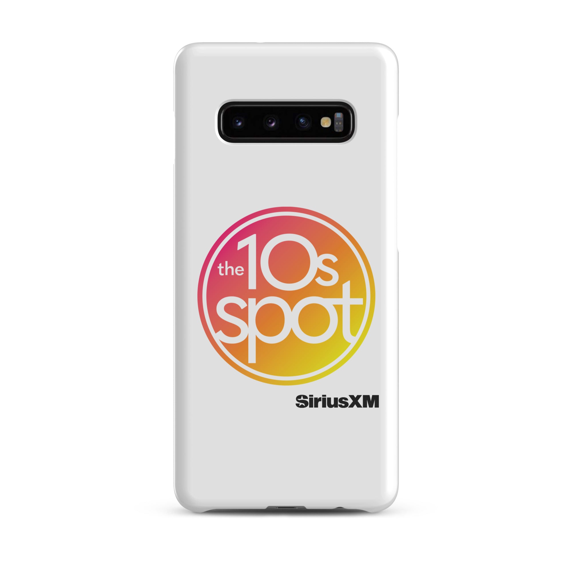 White phone case featuring 'the 10s spot' logo in a pink and yellow gradient and 'SiriusXM' branding.