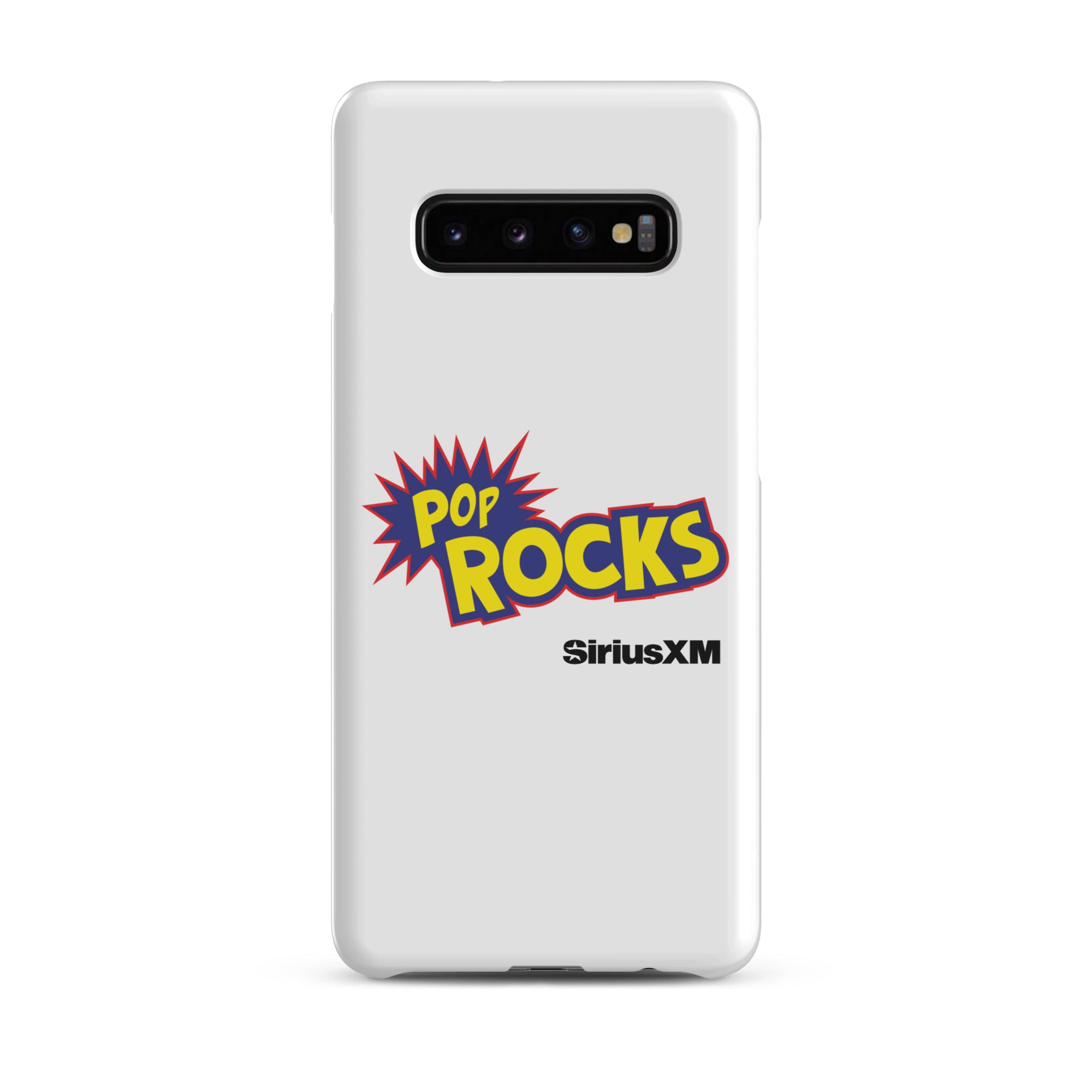 A white phone case featuring 'Pop Rocks' explosion graphic design  'SiriusXM' logo.