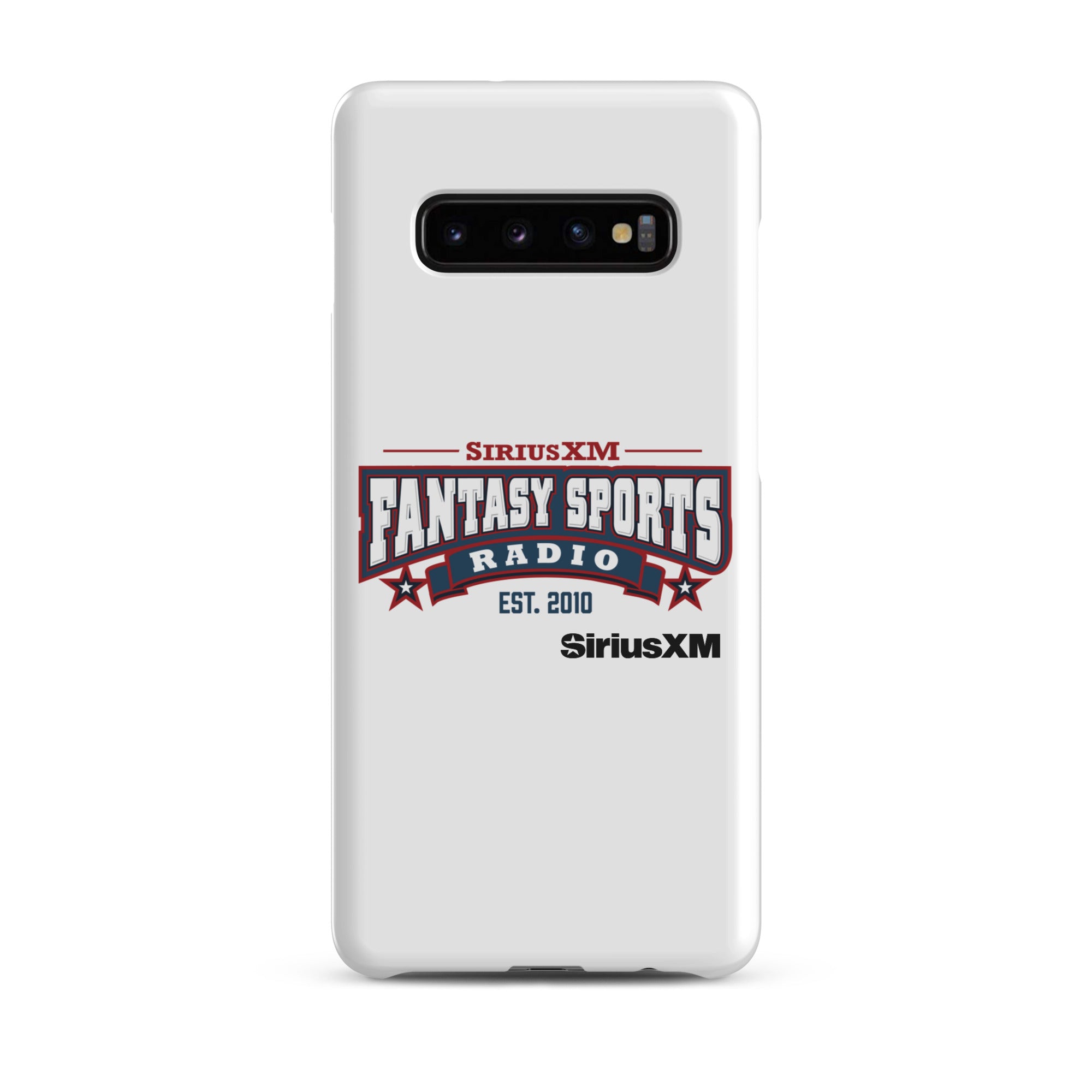 White phone case with 'SiriusXM Fantasy Sports Radio established 2010' logo, featuring red and blue design elements.