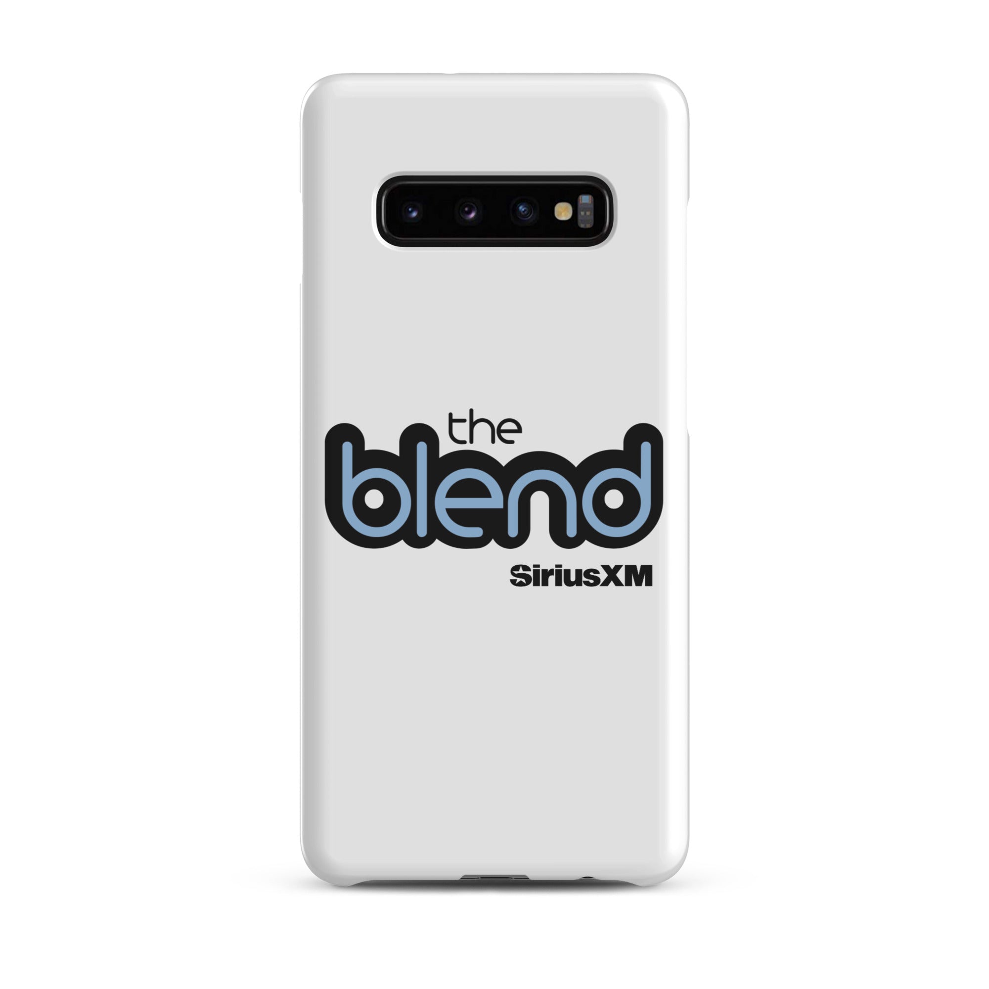 White phone case featuring the logo 'the blend' and 'SiriusXM' in blue and black text.