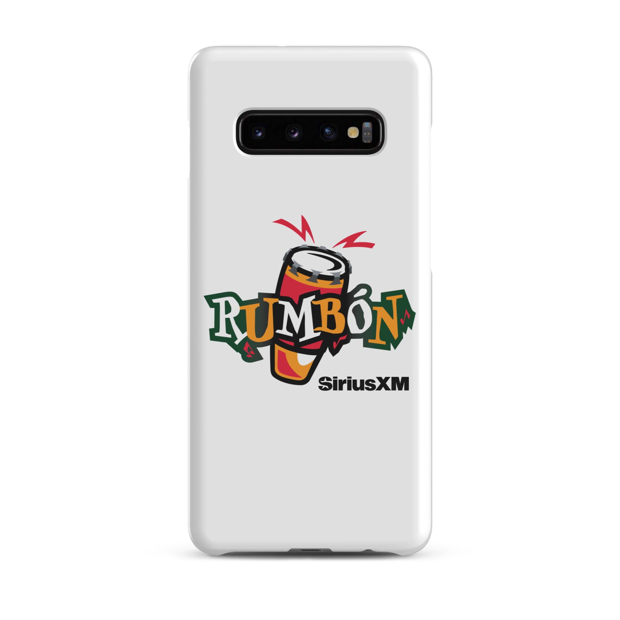 White phone case featuring a colorful 'Rumbón' logo with a conga drum and 'SiriusXM' branding.