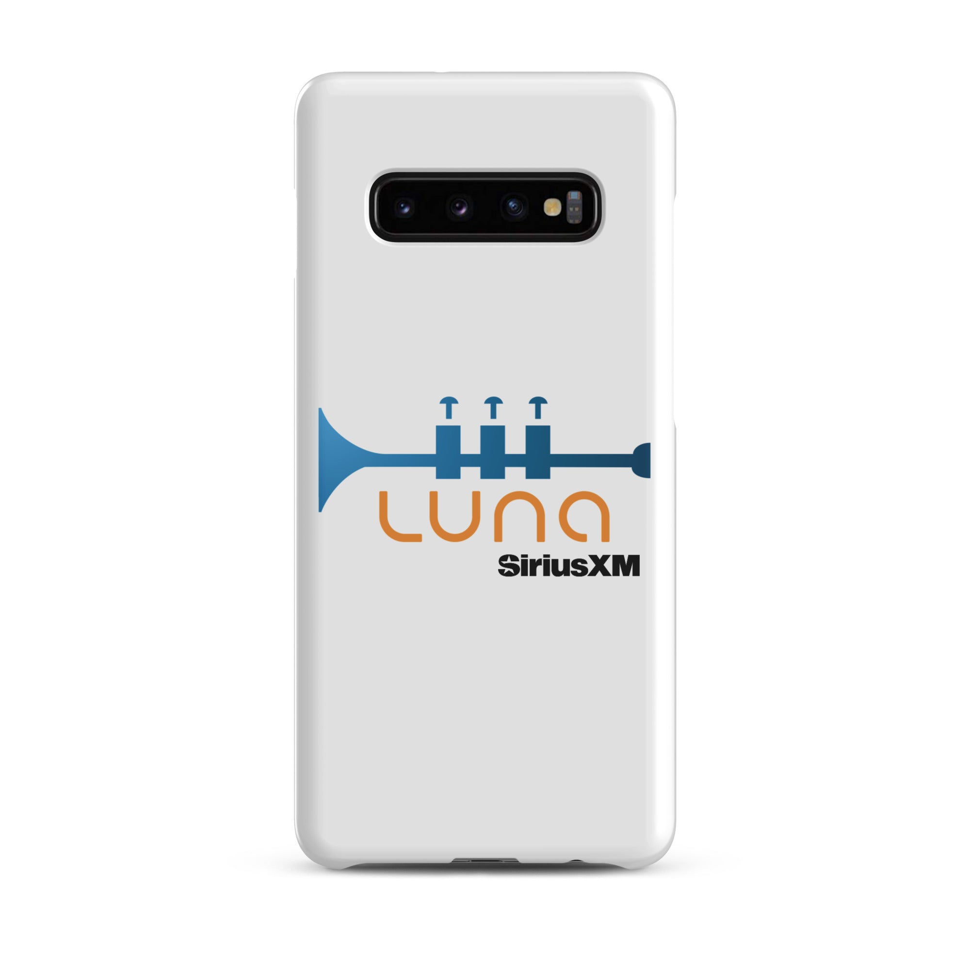 White phone case featuring a blue trumpet graphic and the logo 'LUNA SiriusXM' in orange and black.