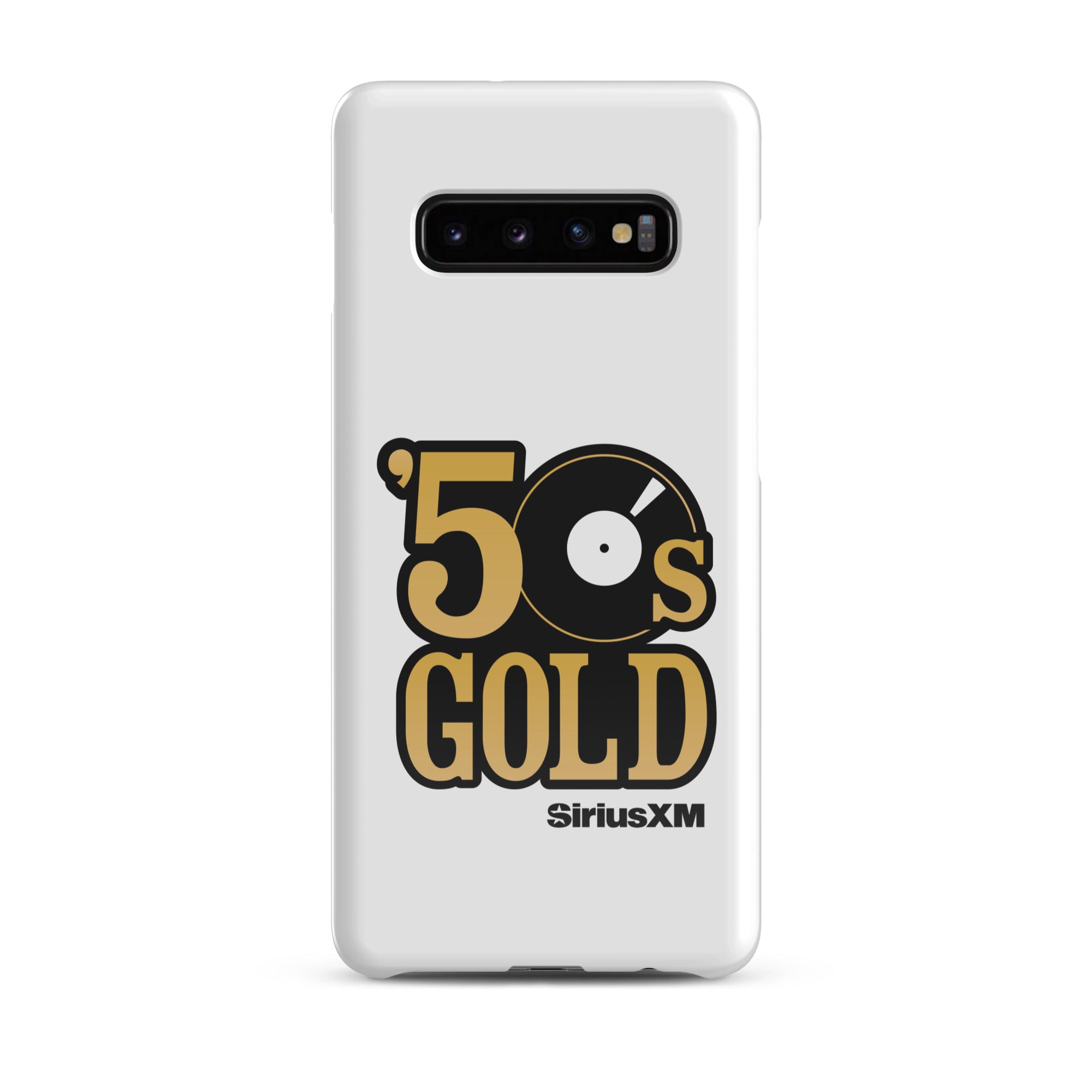 A white phone case featuring '50s GOLD' logo and 'SiriusXM' branding.